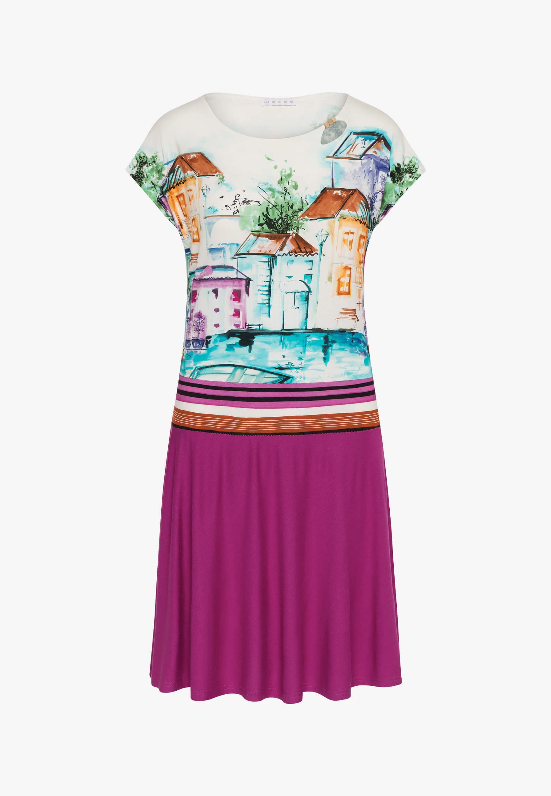 MODEE Sommerkleid mit farbenfrohen Häuserprint in femininer, leicht fallender Optik italienischer Haus/Boote-Print Fuchsia Druck