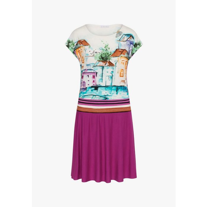 MODEE Sommerkleid mit farbenfrohen Häuserprint in femininer leicht fallender Optik italienischer Haus/Boote-Print
