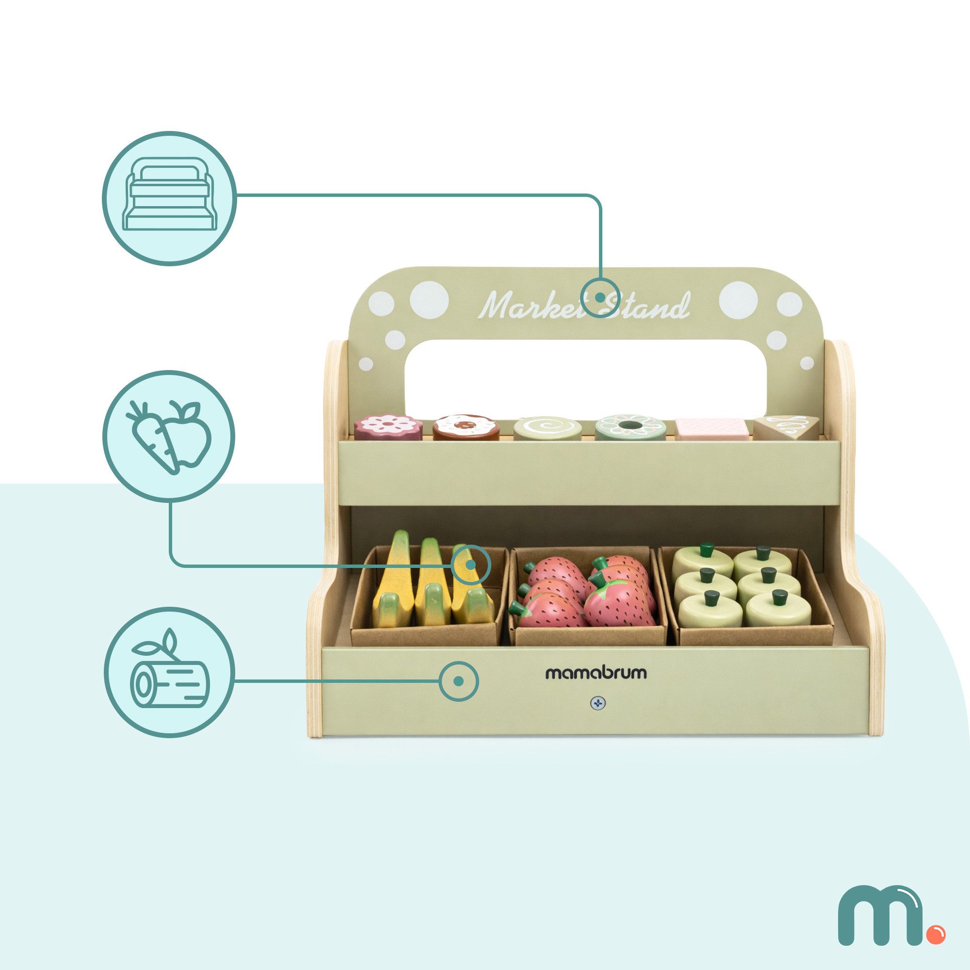 Mamabrum Spielküche Mamabrum Holz Kaufladen Kinder Marktstand mit Zubehör 24 tlg Wood, MDF, paper, 24-Piece Accessory Set