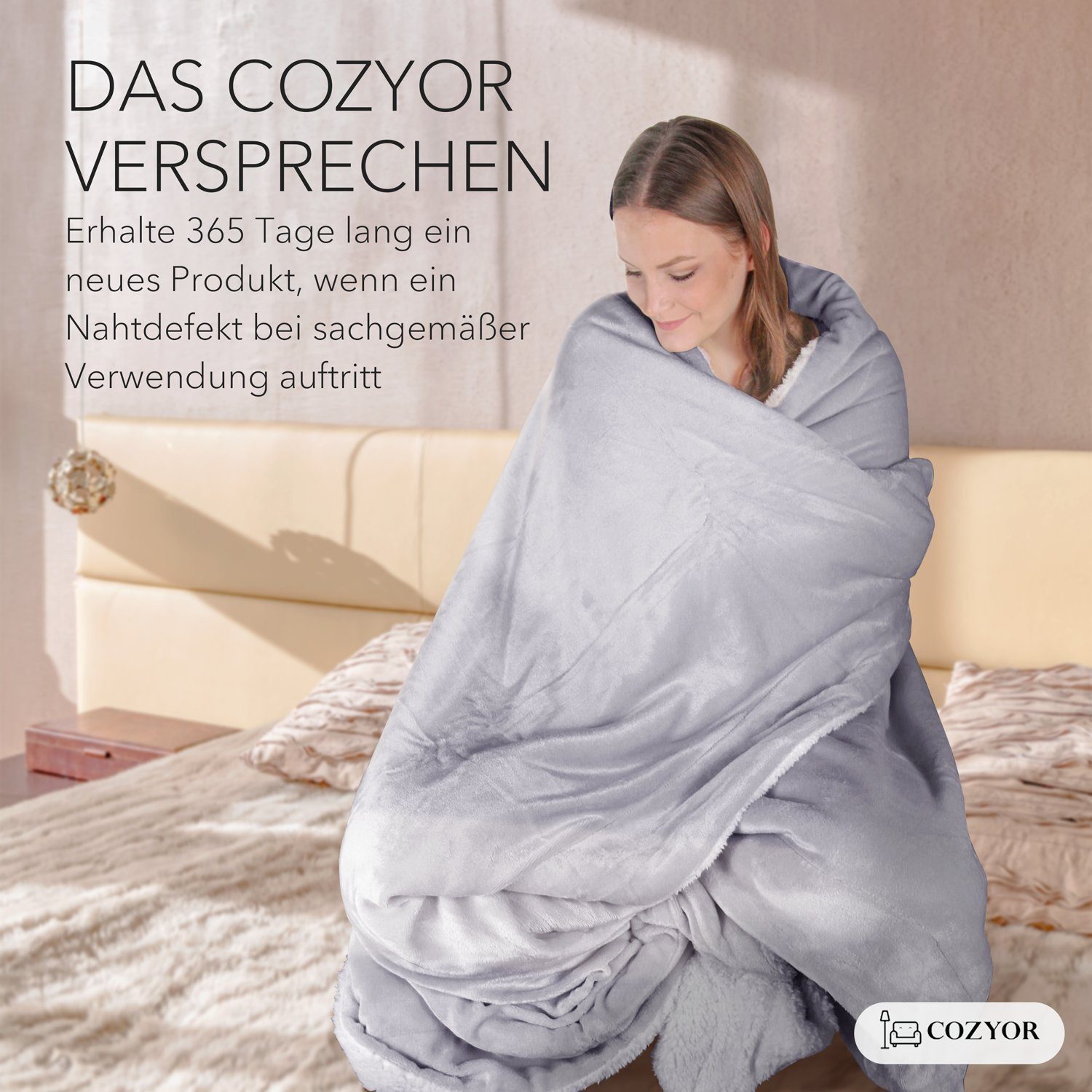 Wohndecke Kuscheldecke XL warm Sherpa, dicke Sofadecke, hochwertige Tagesdecke, Cozyor, 150x200 cm Plüschdecke hellgrau Moonlight, Wohnzimmerdecke Sherpadecke