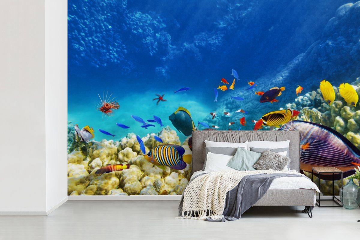 MuchoWow Fototapete Meer - bedruckt, Fische Korallen - Tapete Schlafzimmer, (6 Vinyl - Matt, Kinderzimmer, Wallpaper Unterwasserwelt, Wohnzimmer, für St)