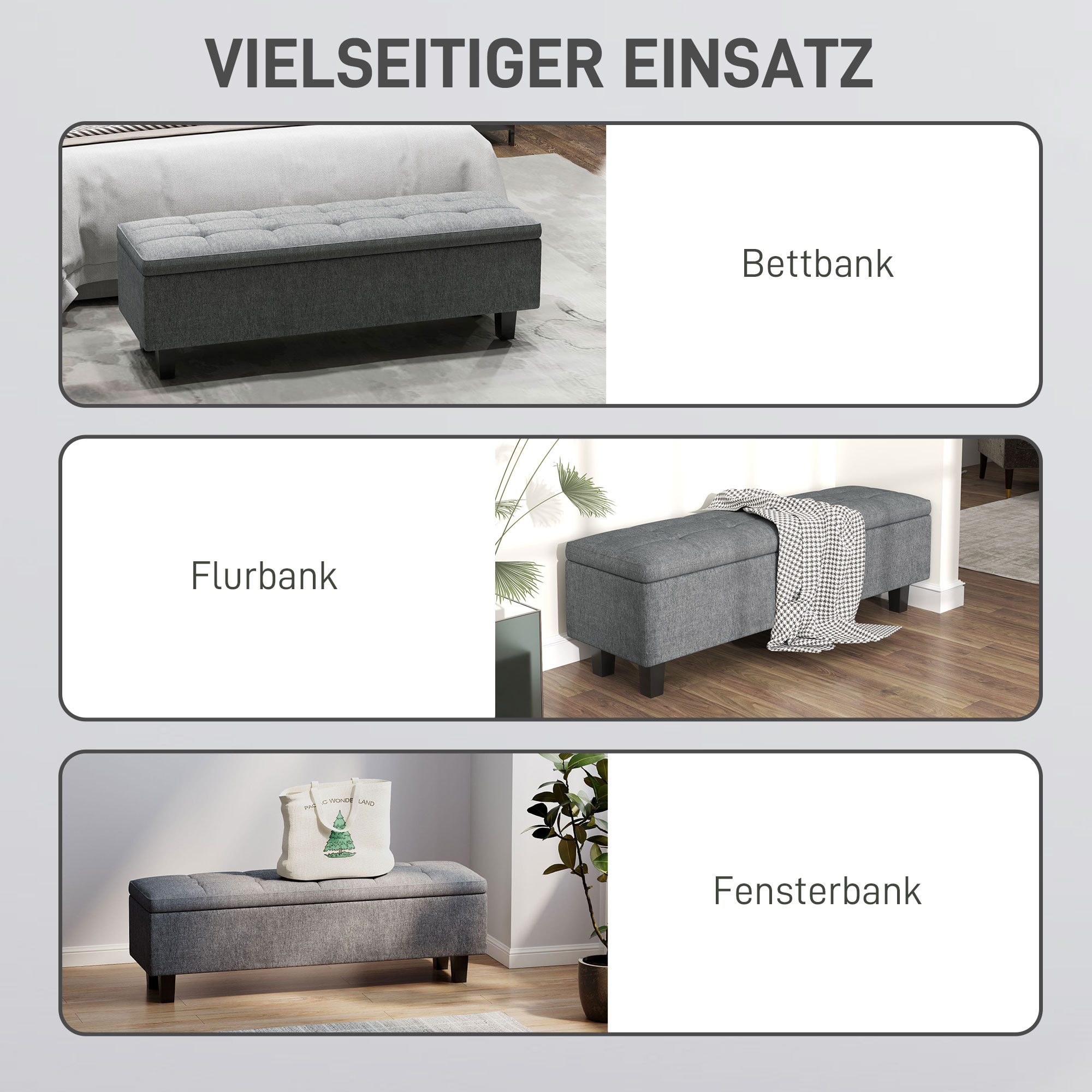 HOMCOM Polsterbank Sitzbank mit Stauraum, Leinenoptik, Holzbeine (Bettbank, 1-St., Truhebank), für Flur, Schlafzimmer, Wohnzimmer, 138 x 40 x 45 cm, Dunkelgrau