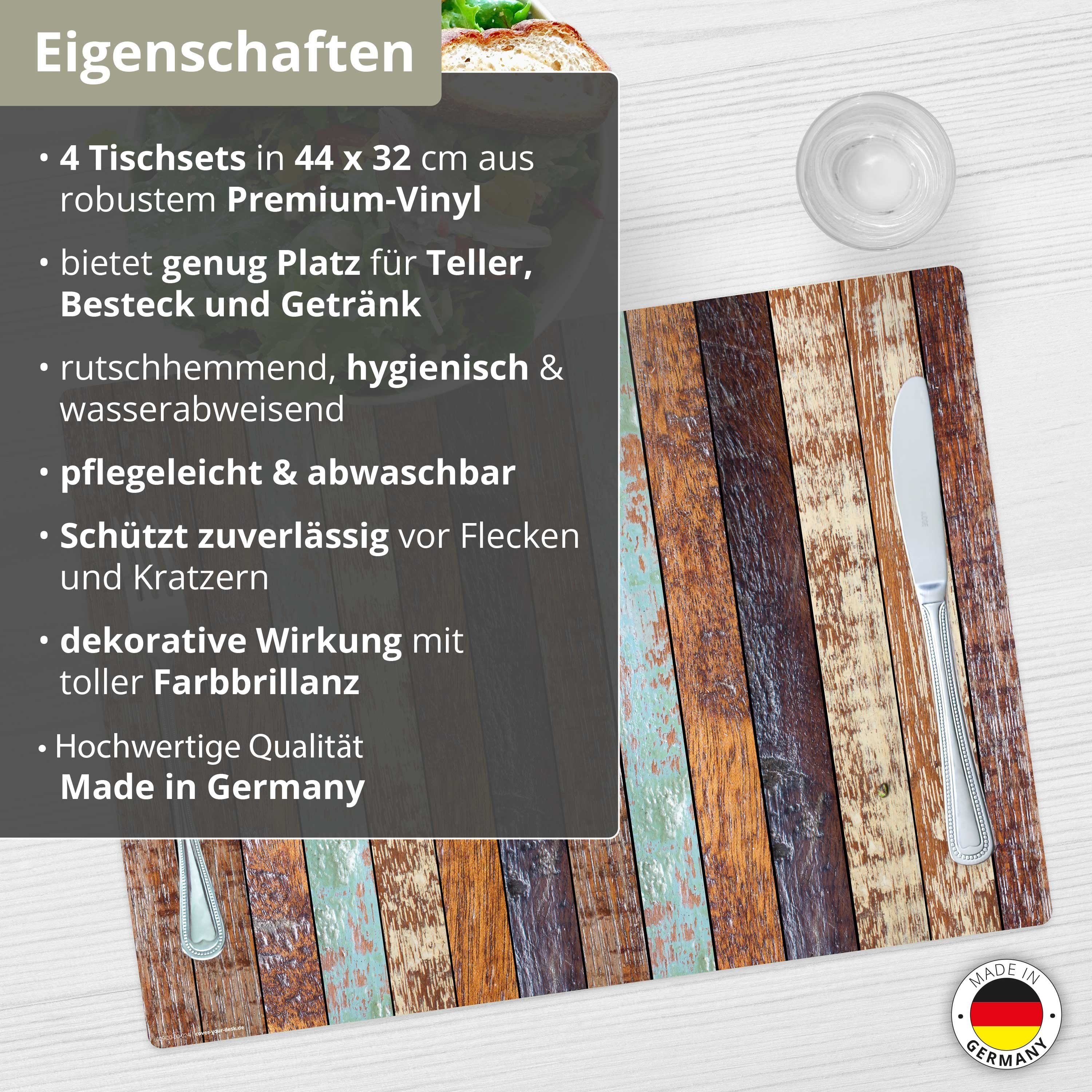 Tischsetmacher Platzset Tischset, Platzset abwaschbar - Holzoptik gestreift, (aus erstklassigem Vinyl, 4-St., 44 x 32 cm), Made in Germany