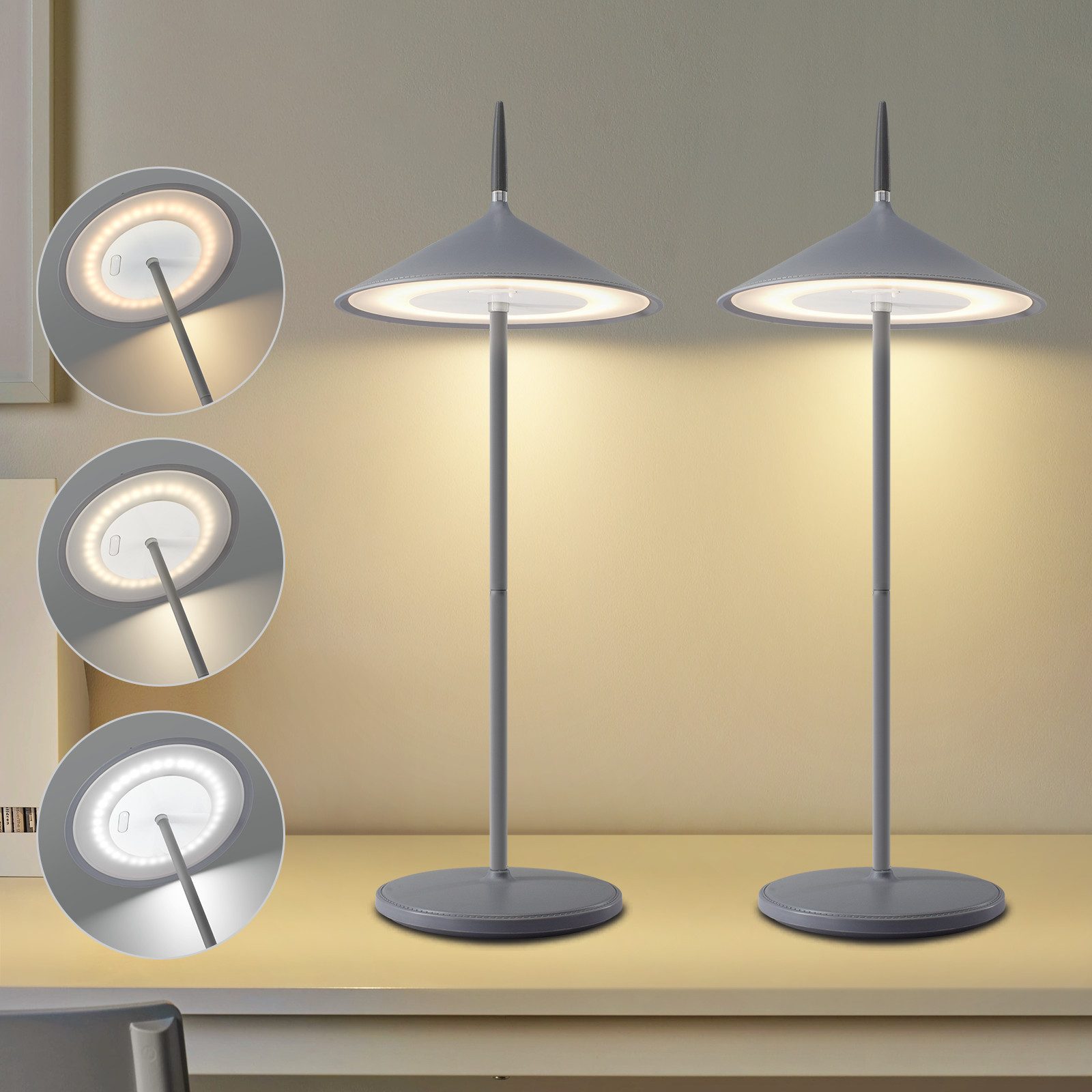 ZMH LED Tischleuchte Kabellos Aufladbar Touch Dimmbar Modern Aussentischleuchte Garten, Augenschutz, Einfache Installtion, LED fest integriert, 3000-6500K, 1800mhA Nachttischlampe USB für Esstisch