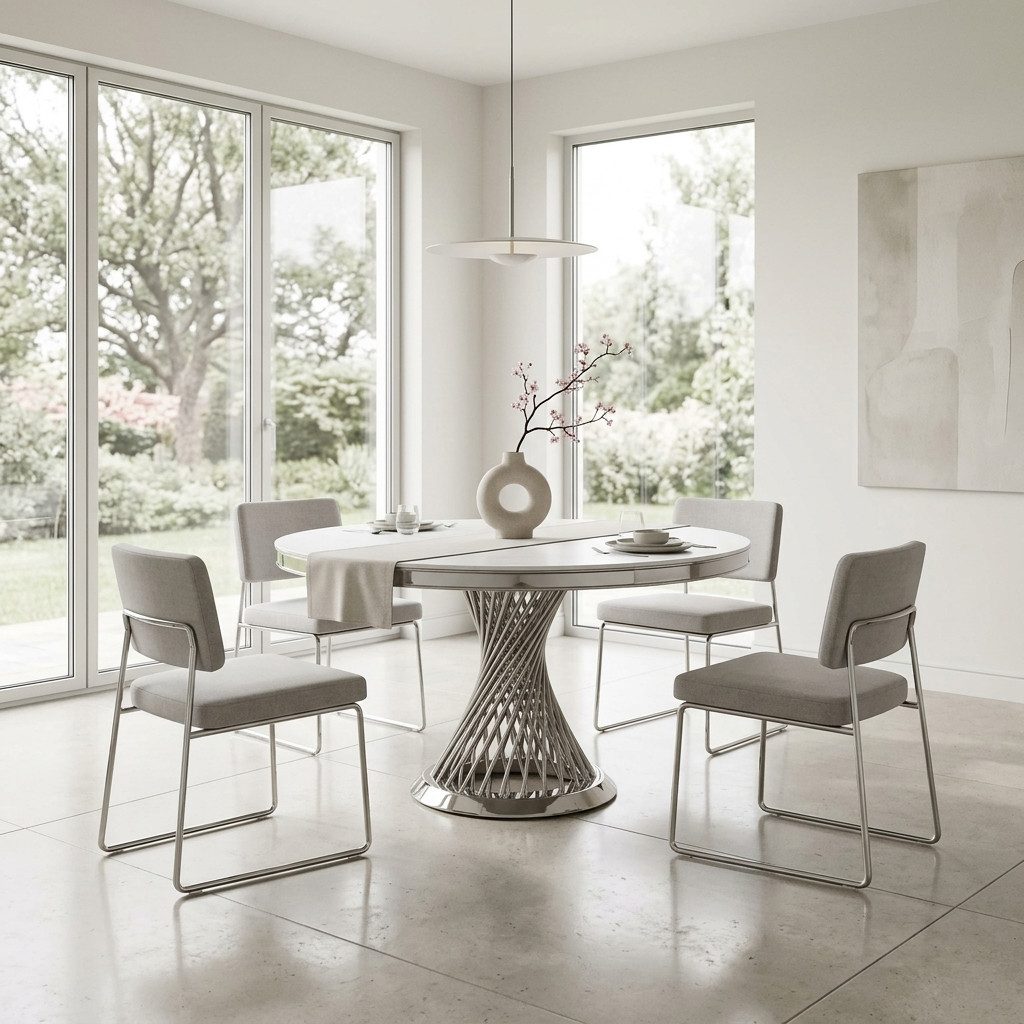 JVmoebel Esstisch Tisch Helix Carrara Chrom Design Exklusiv modern Speisezimmer Sofort (1-St., 1-tlg), Exklusives Helix-Design hochglanzverchromtes Gestell edle Marmor-Optik