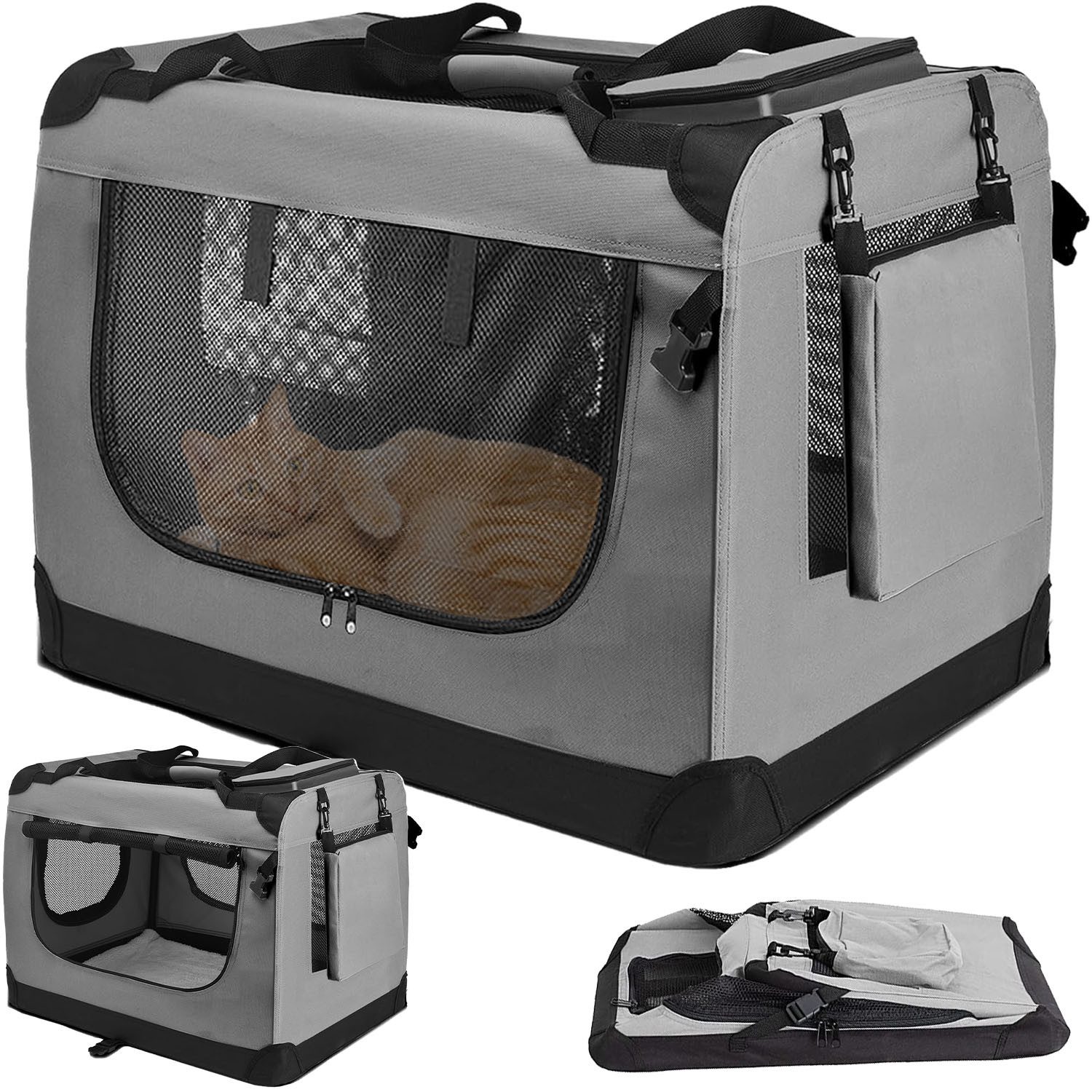 HEYHIPPO Katzenzelt Faltbare Transportbox S & M, für Katzen und kleine Hunde, grau, Haustierbox–S(bis 8 kg) & M(bis 12 kg), wasserabweisend, atmungsaktiv