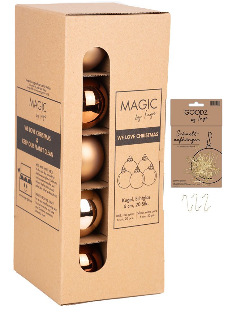 MAGIC by Inge Weihnachtsbaumkugel Weihnachtskugeln 20 Stk 6cm winter toffee + 40 Haken gold