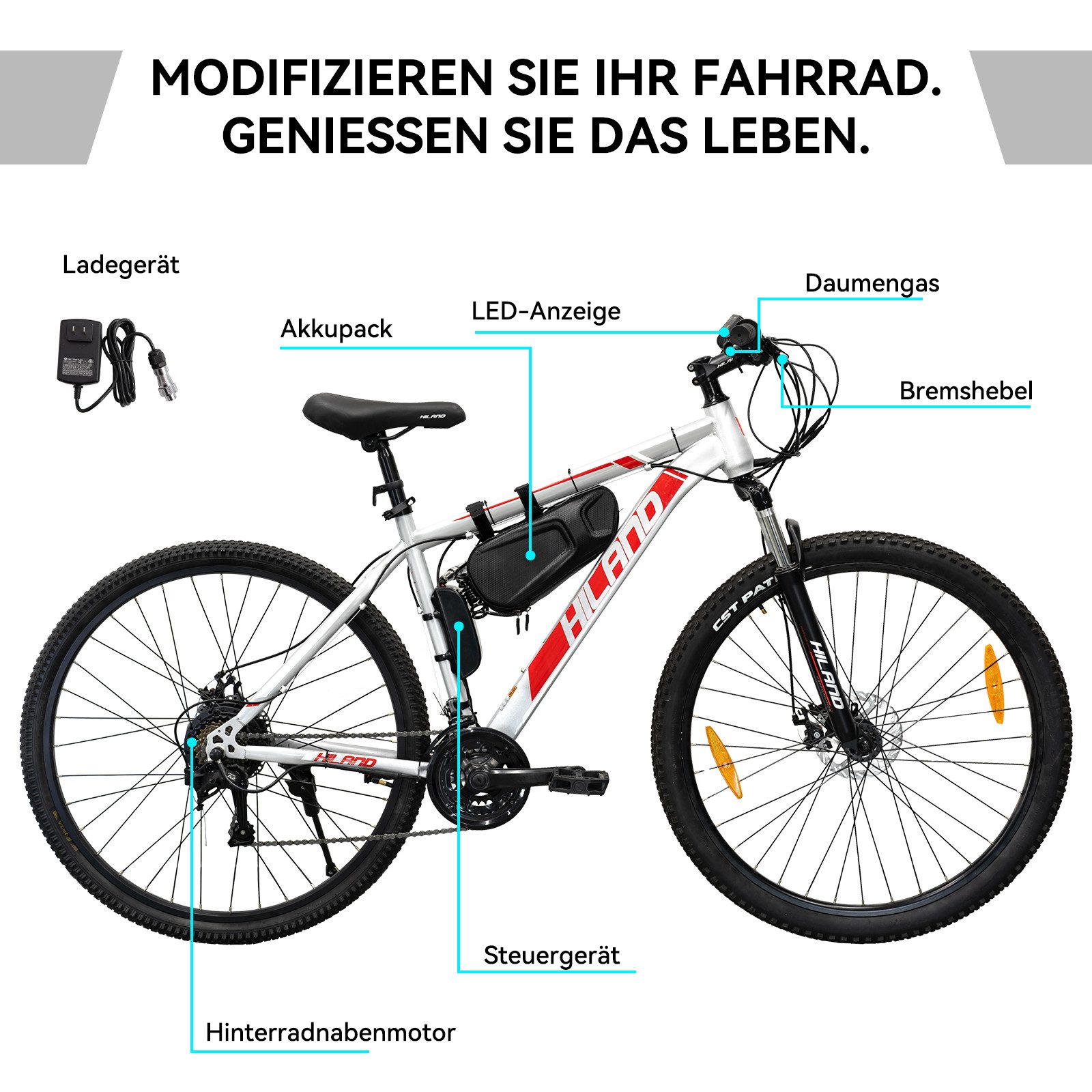 HILAND Laufrad 29 Zoll MTB E-Bike Komplett-Kit mit Daumengas & Bremshebel