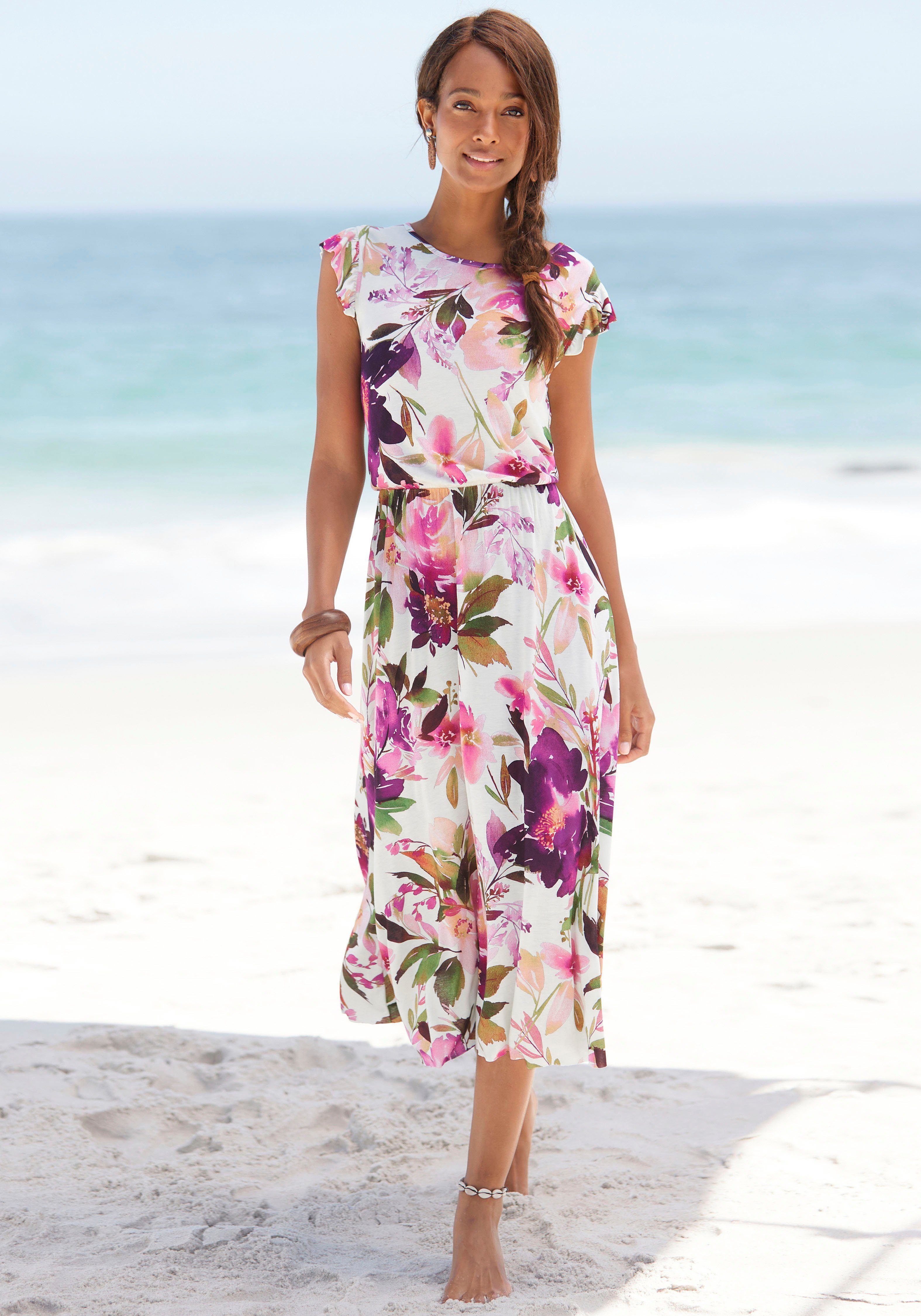 Beachtime Midikleid mit Blumendruck und Gummizug, Sommerkleid, Strandkleid günstig online kaufen
