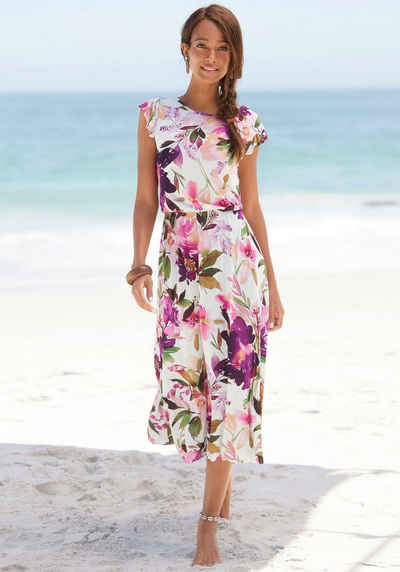 Beachtime Midikleid mit Blumendruck und Gummizug, Sommerkleid, Strandkleid