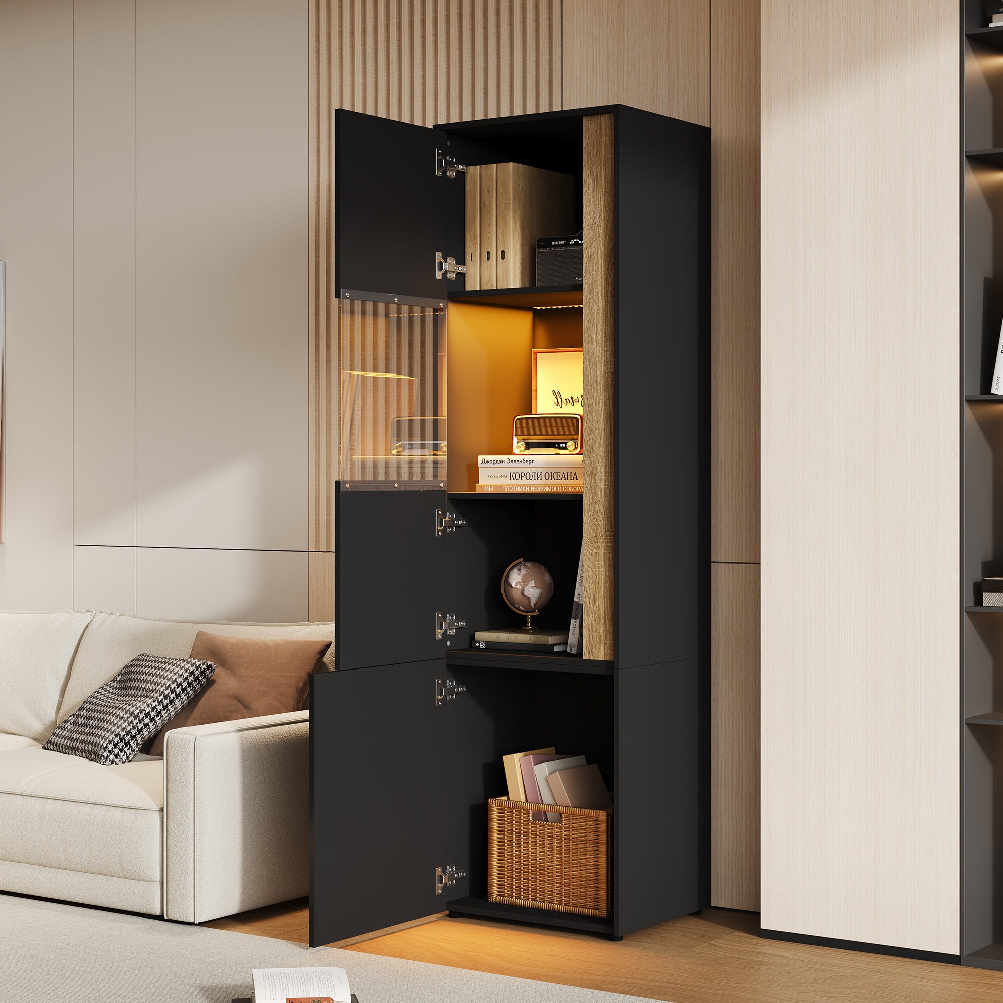 Odikalo Vitrine Eckschrank Vitrineschrank Hochschrank mit LED Acryl-Türen (Aufbewahrungsmöbel Mehrzweckschrank mit 4 Türen (eine davon aus Acryl) Geeignet für Wohnzimmer Büros Küchen B50xT40xH179cm)