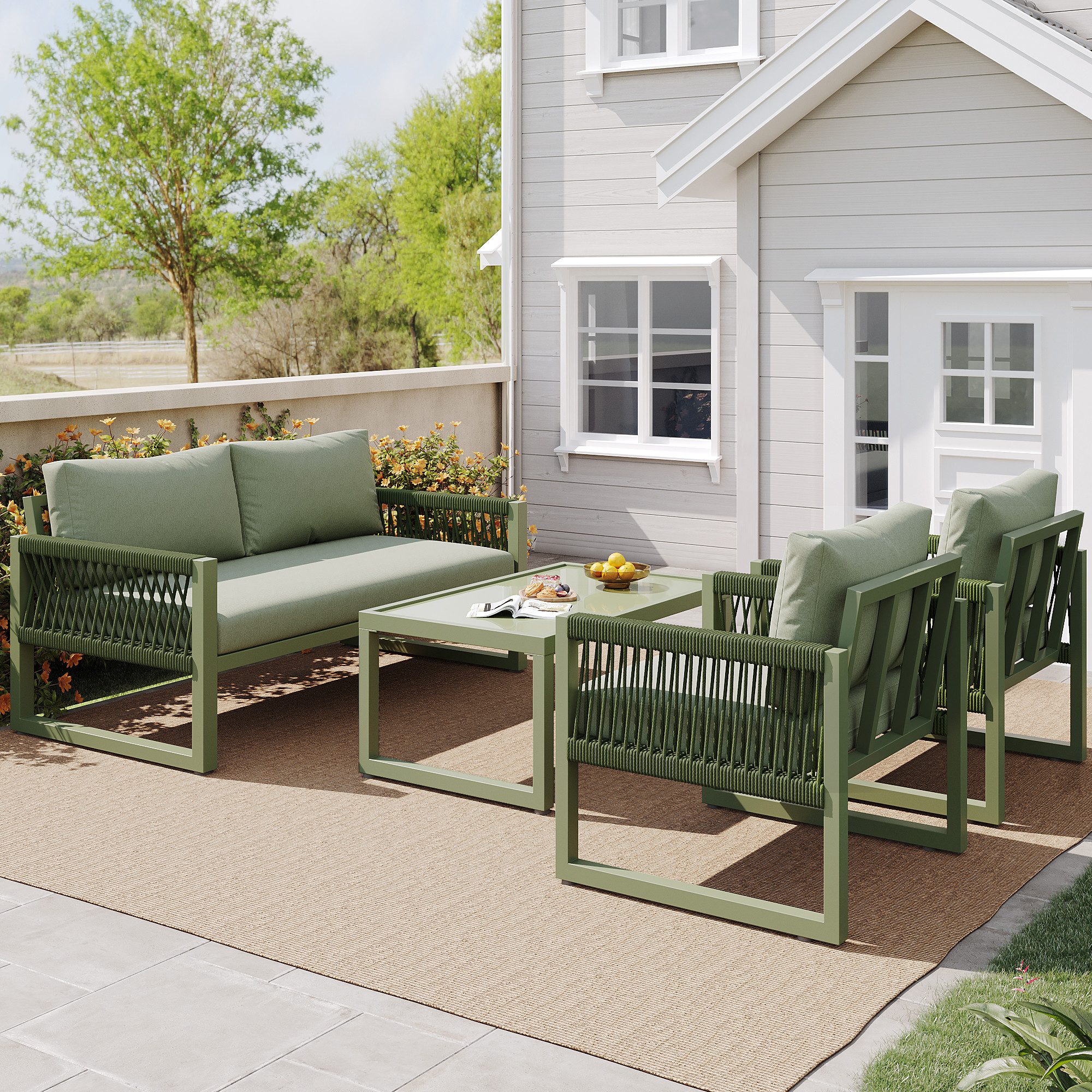 Flieks Gartenlounge-Set, 4 Sitzer Gartenmöbel Sitzgruppe Balkonset aus Eisen und Seil