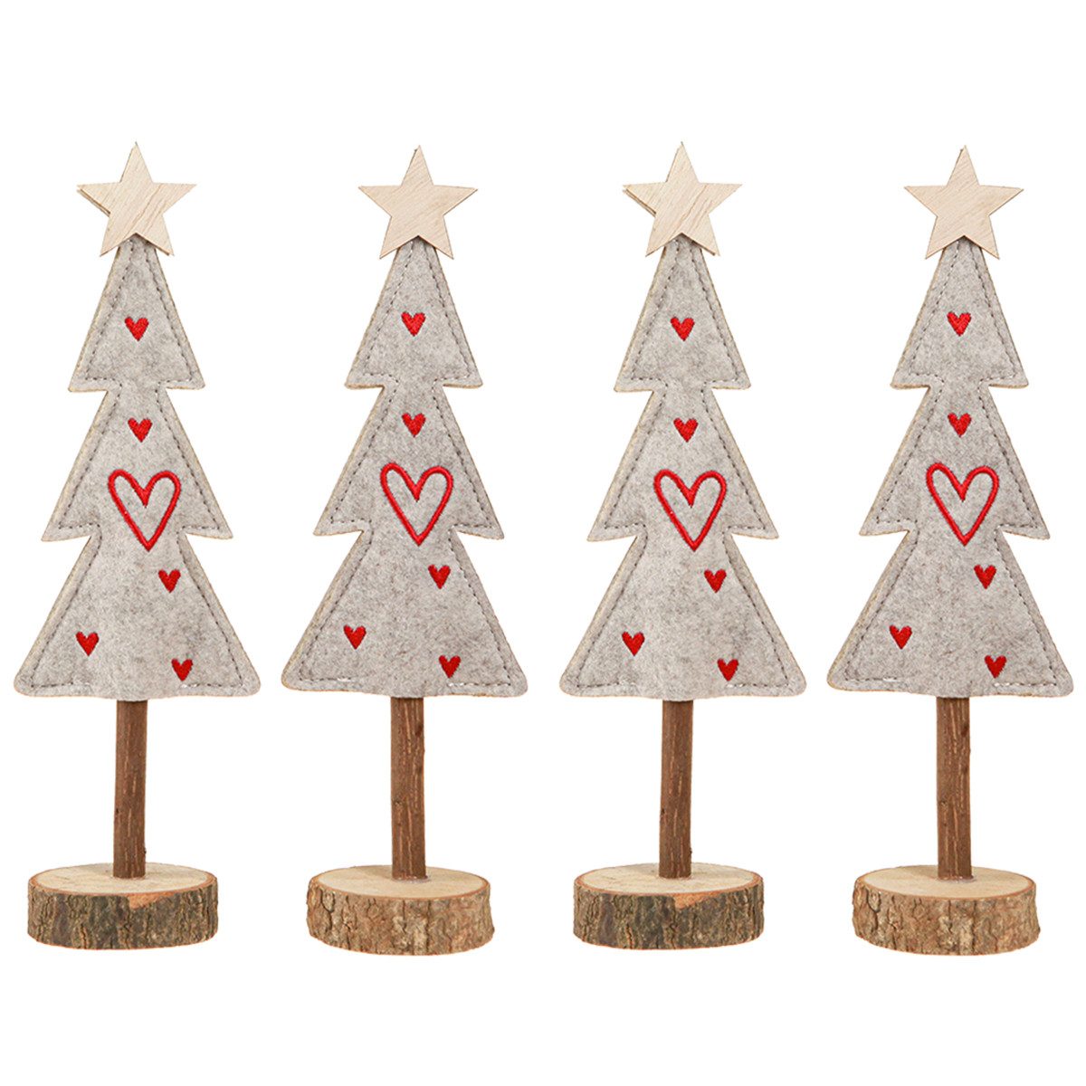 Florists Products Weihnachtsmann Tannenbaum aus Filz Deko Herzen Grau Rot 28cm Set 4 -, 4 Stück