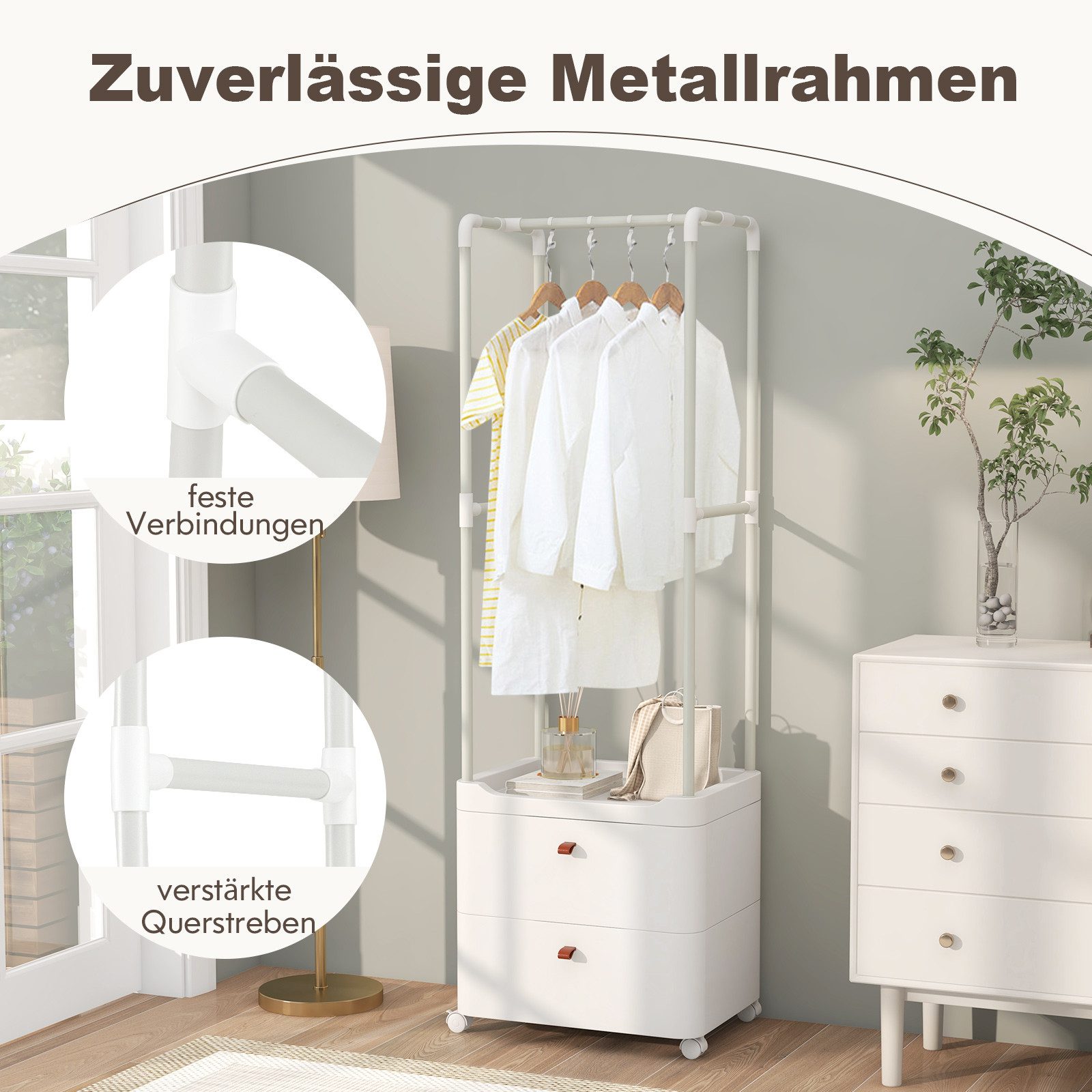 KOMFOTTEU Kleiderständer, Kleiderschrank mit Rollen, 2 Schubladen, 4 Haken