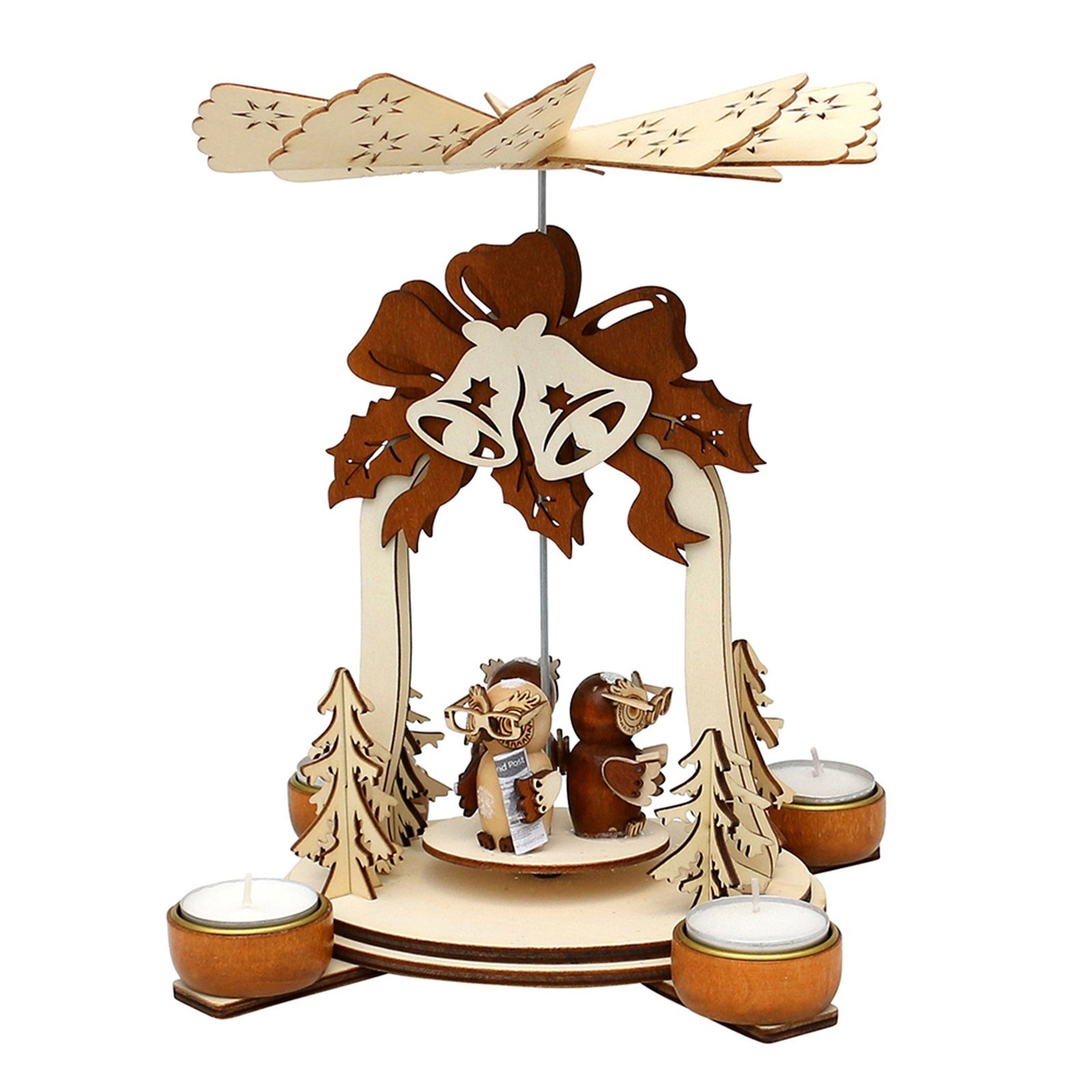 Holz Weihnachtspyramide Glocke, Teelichtpyramide Eulenfiguren SIGRO mit