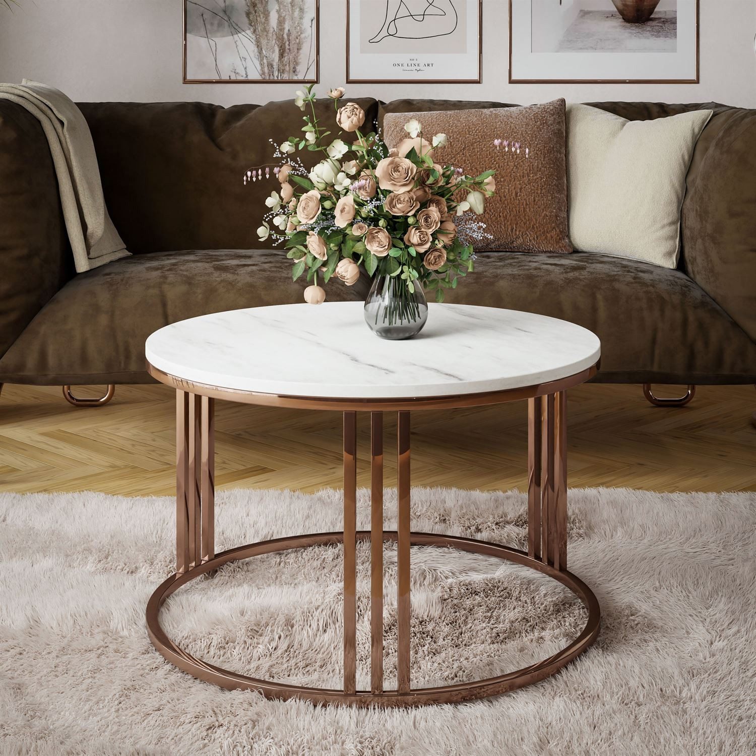 Lookway Couchtisch LORI MAT Runder Couchtisch mit Kupfergestell (1x Tisch), Durchmesser: ⌀70 cm