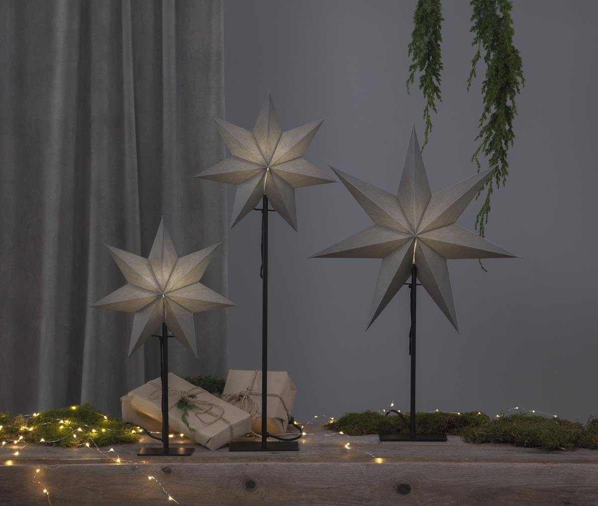 STAR TRADING LED Stern Papierstern Weihnachtsstern stehend 7-zackig 75cm E14 inkl. Kabel grau