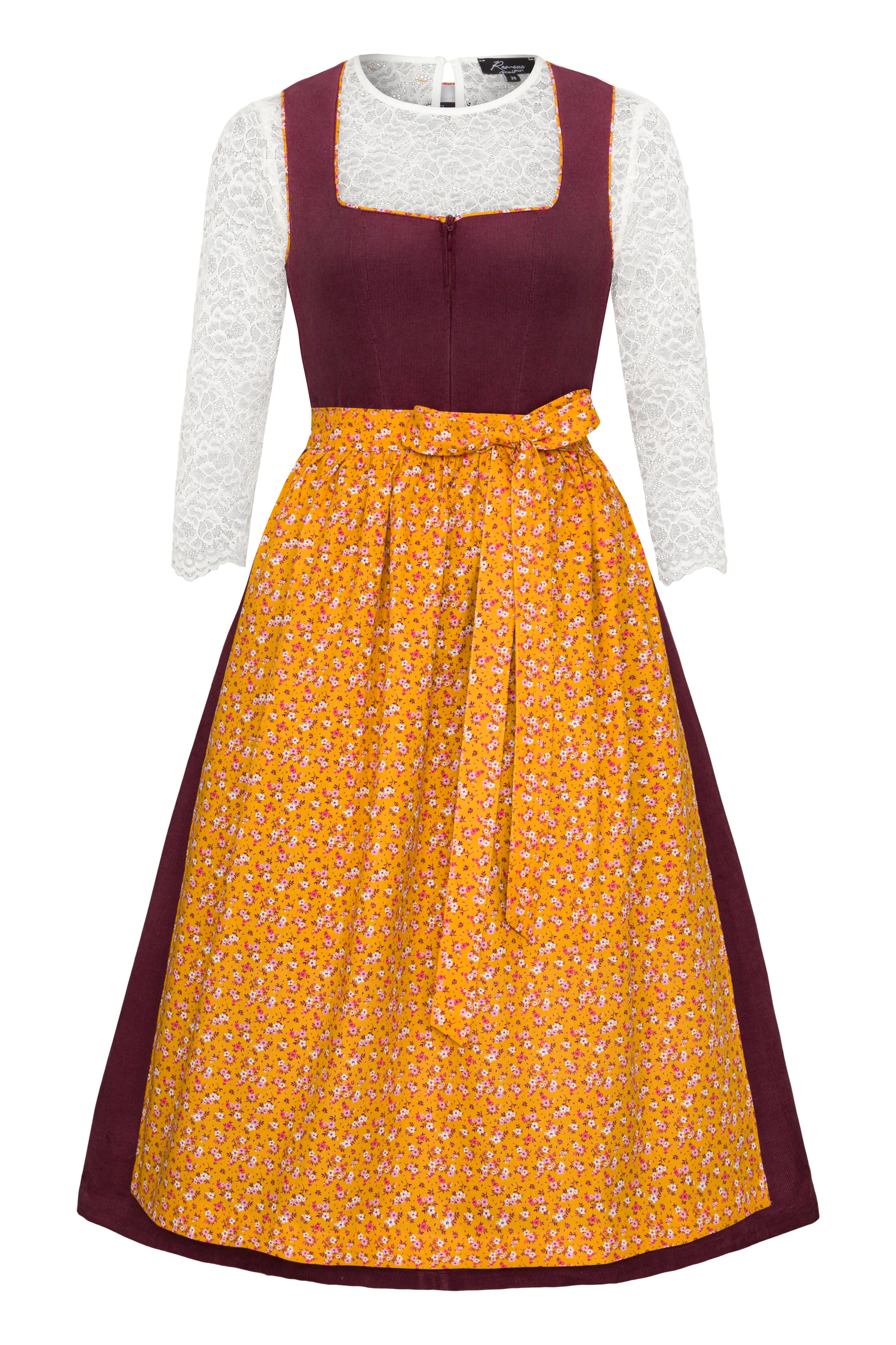 Ramona Lippert Dirndl Corddirndl „Bridget“ Bordeaux mit Blumenschürze – Roc günstig online kaufen