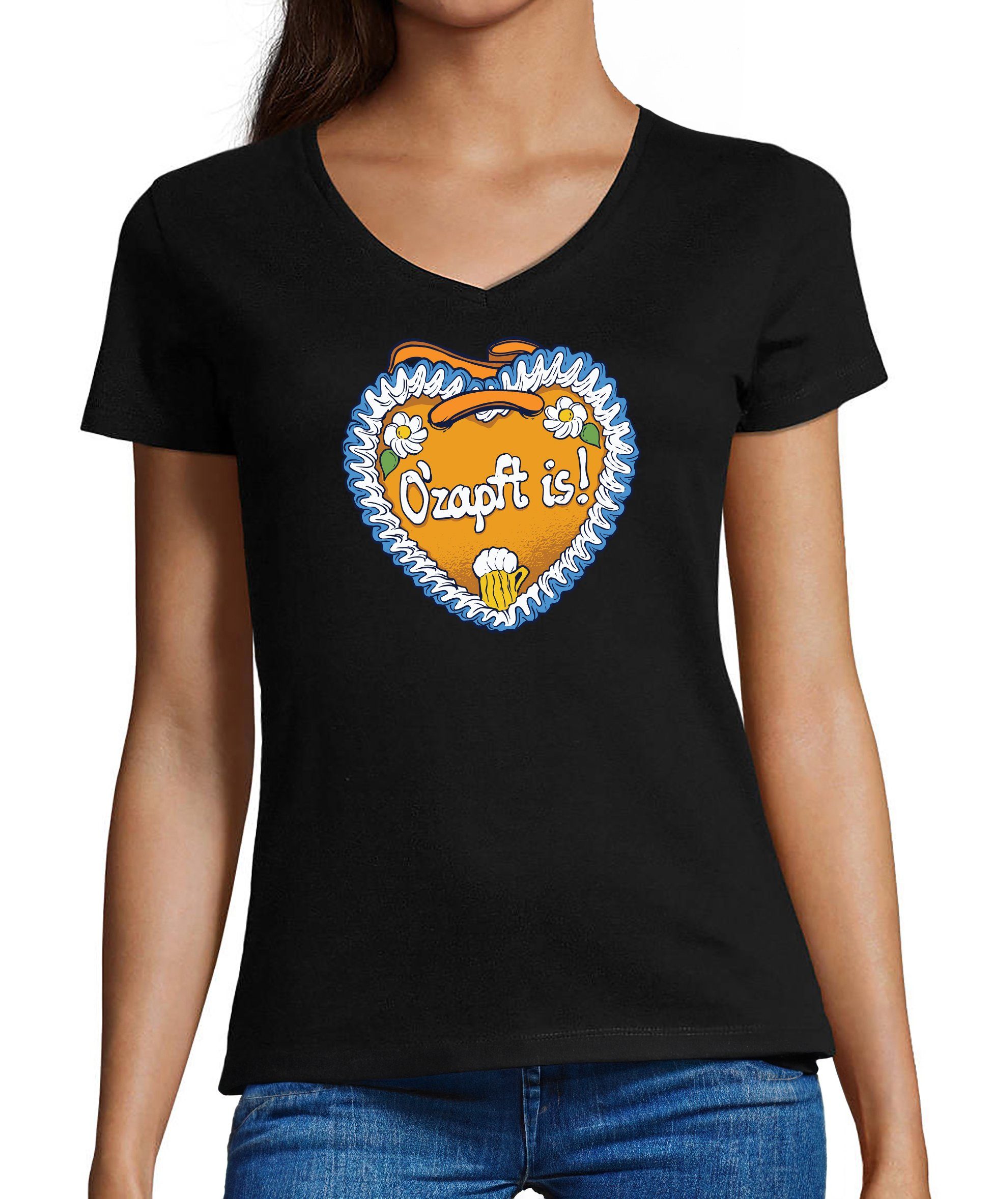 MyDesign24 T-Shirt Damen Oktoberfest T-Shirt - Lebkuchen Herz mit O´Zapft is V-Ausschnitt Print Shirt Slim Fit, i313 schwarz