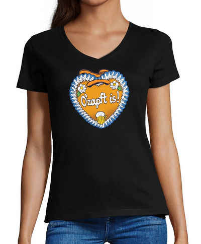 MyDesign24 T-Shirt Damen Oktoberfest T-Shirt - Lebkuchen Herz mit O´Zapft is V-Ausschnitt Print Shirt Slim Fit, i313