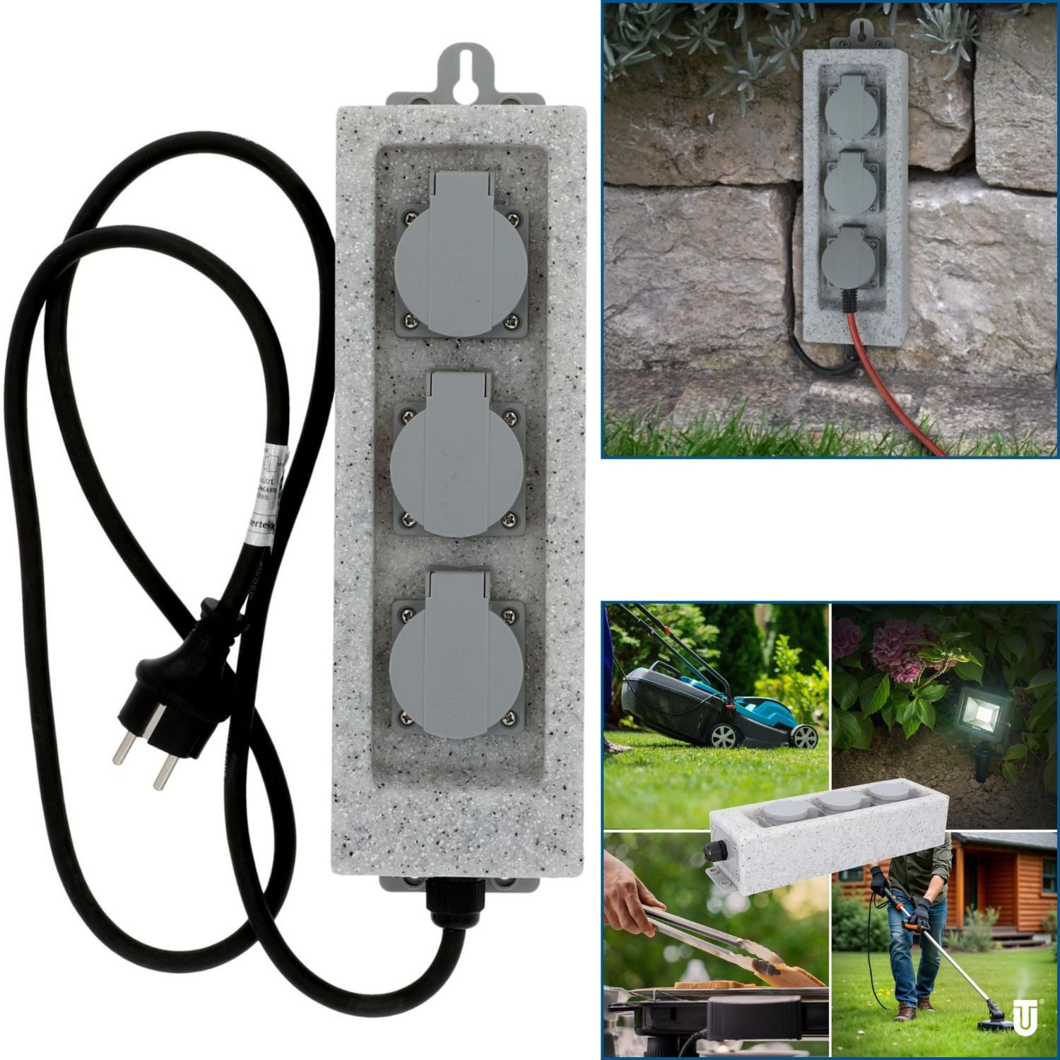 UNITEC Gartensteckdose Steckdosenleiste IP44 Outdoor 3-Fach Stein-Optik, Mehrfachsteckdose Wandsteckdose Außensteckdose Garten-Steckdose