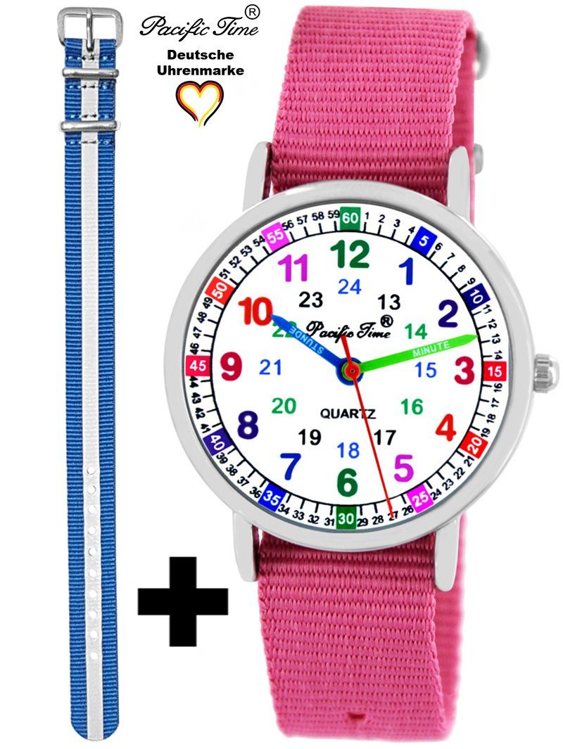 Pacific Time Quarzuhr Set Kinder Armbanduhr Lernuhr Wechselarmband, Mix und Match Design - Gratis Versand rosa und Reflektor blau