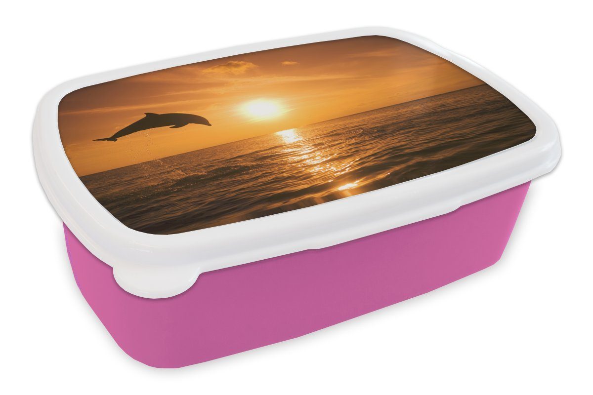 MuchoWow Lunchbox Delfin - Sonne - Meer, Kunststoff, (2-tlg), Brotbox für Erwachsene, Brotdose Kinder, Snackbox, Mädchen, Kunststoff rosa