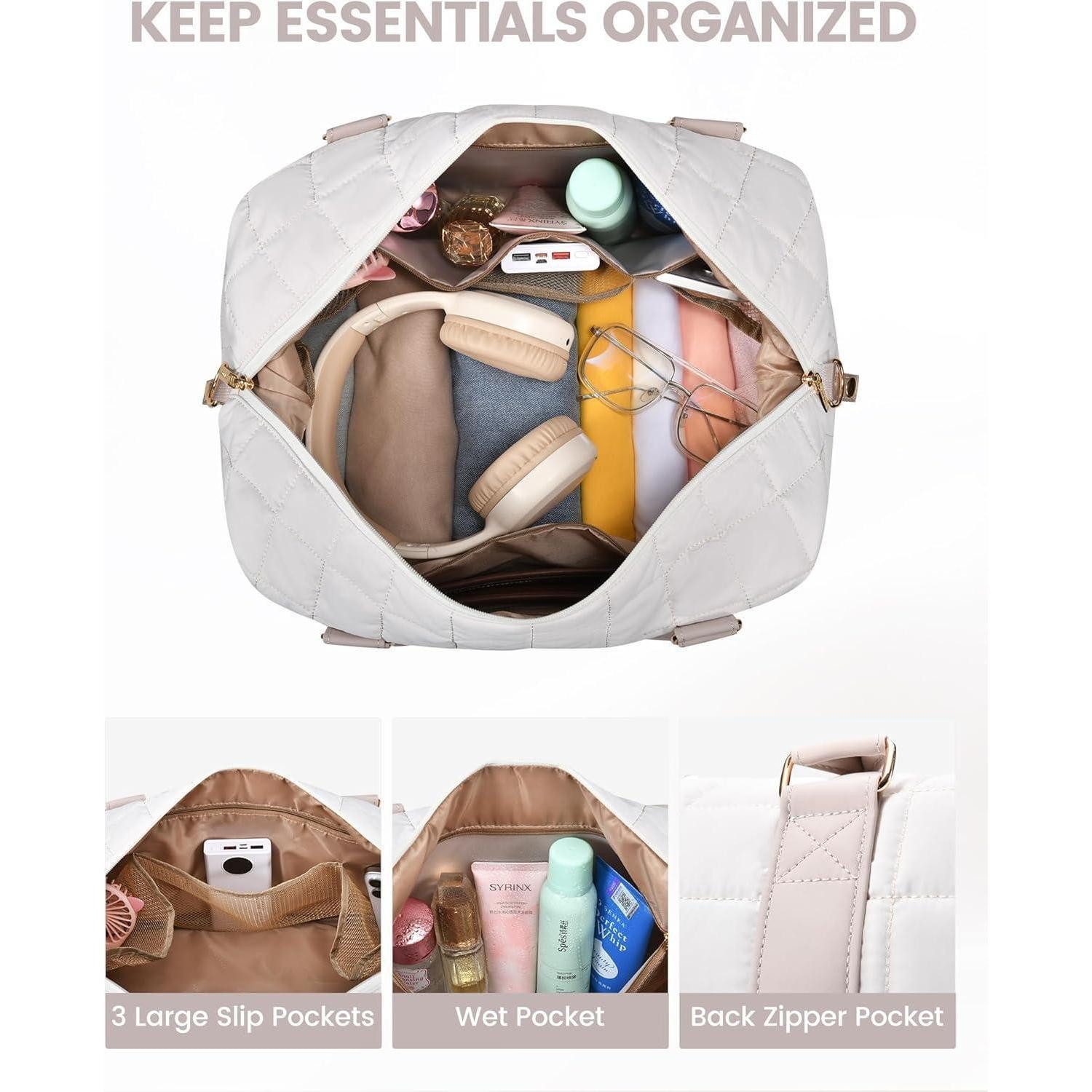 LuxusKollektion Weekender Reisetasche Damen Weekender Handgepäck Schuhfach M Beige+hellrosa – Bild 4 von 5