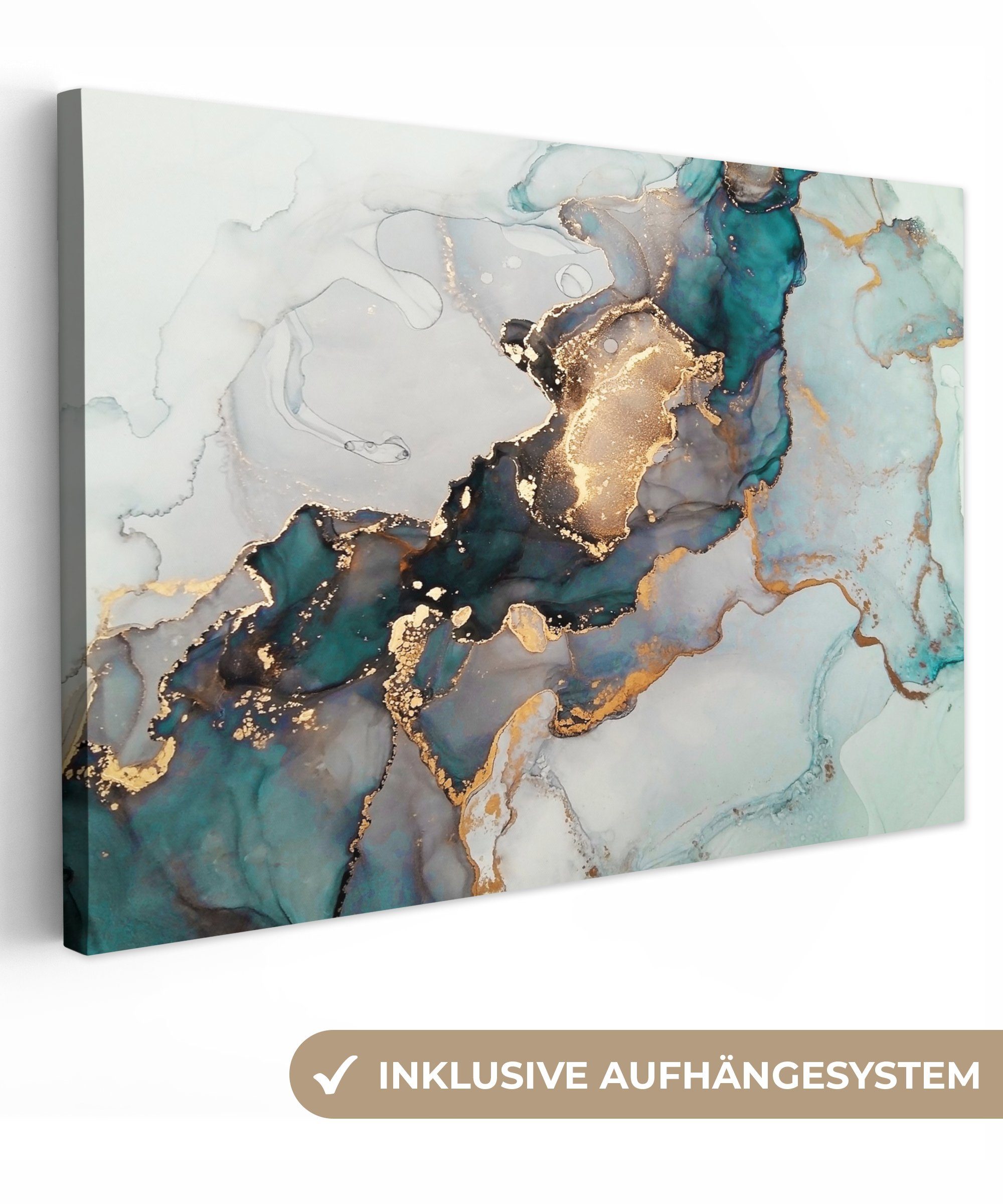 OneMillionCanvasses® Leinwandbild Marmordruck - Gold - Blau, (1 St), Wandbild für alle Wohnbereiche, Gemälde, XXL, großes, 120x80 cm