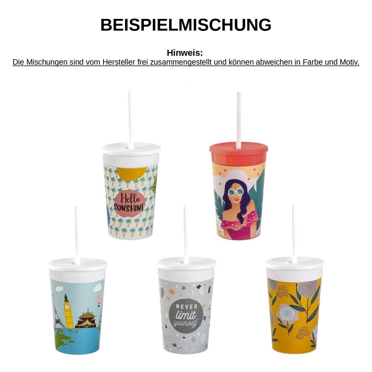 Engelland Kinderbecher Kunststoffbecher mit Deckel & Strohhalm, Bunte Mischung, 330 ml, 5-tlg., Kunststoff (BPA-frei), Trinkbecher, Partybecher, Kindergeburtstag, Plastikbecher, Mehrweg
