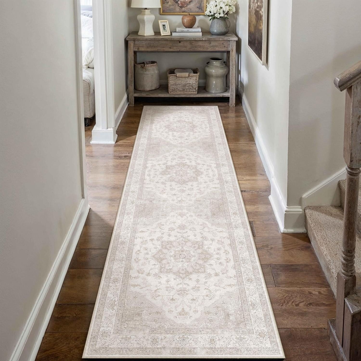 LuxusKollektion Läufer Teppich Läufer Vintage Beige 80x400cm Waschbar, rechteckig, Höhe: 5 mm
