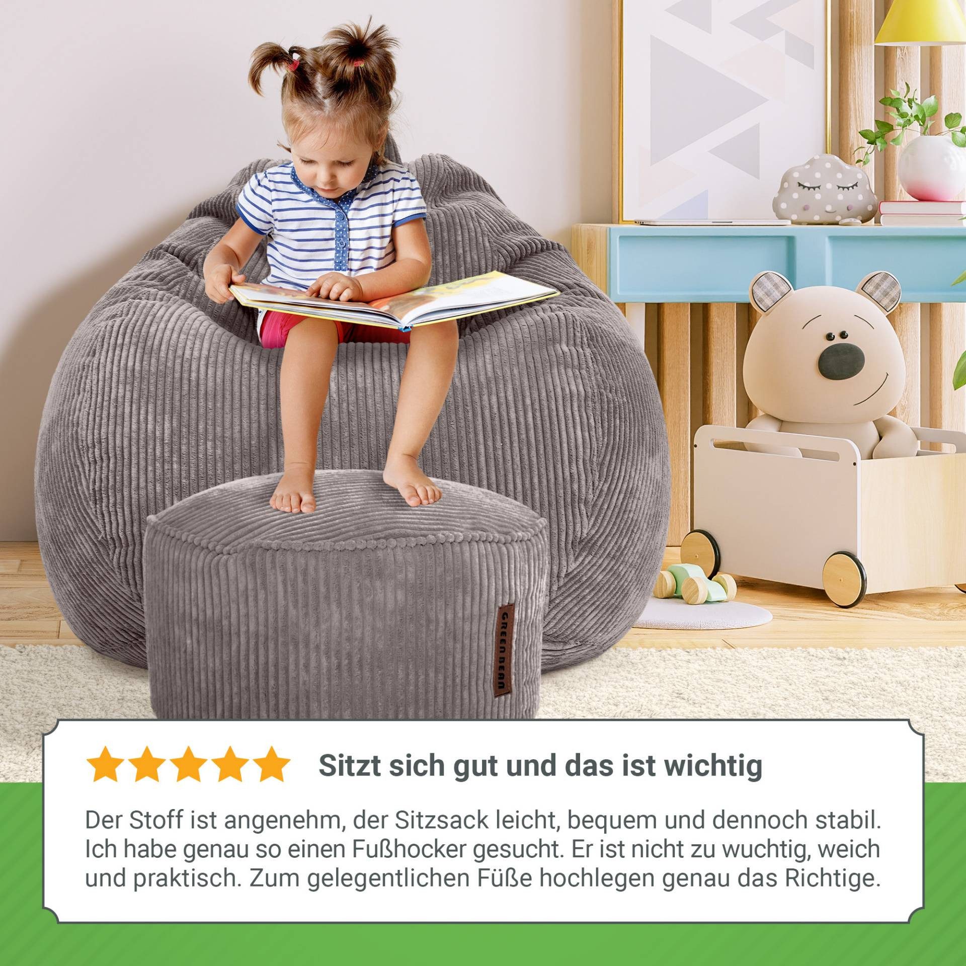 Green Bean Sitzsack XXL Sitzsack Scoop + Hocker aus Cord, Indoor Sitzkissen mit Sitzhocker, Relax Sessel – Bild 4 von 5