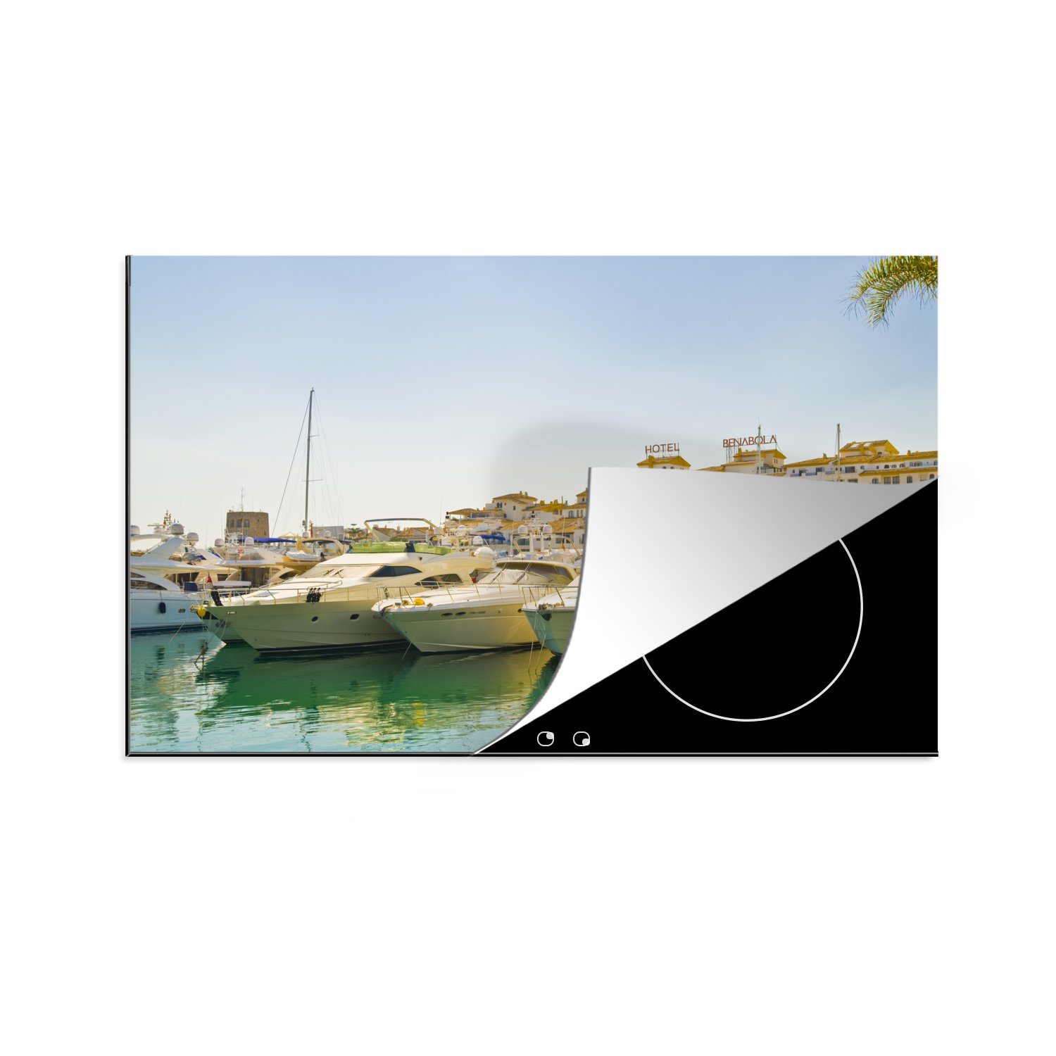 MuchoWow Herdblende-/Abdeckplatte Yachthafen Marbella Spanien, für (1 81x52 cm, die küche, tlg), Schutz Induktionskochfeld Vinyl, Ceranfeldabdeckung