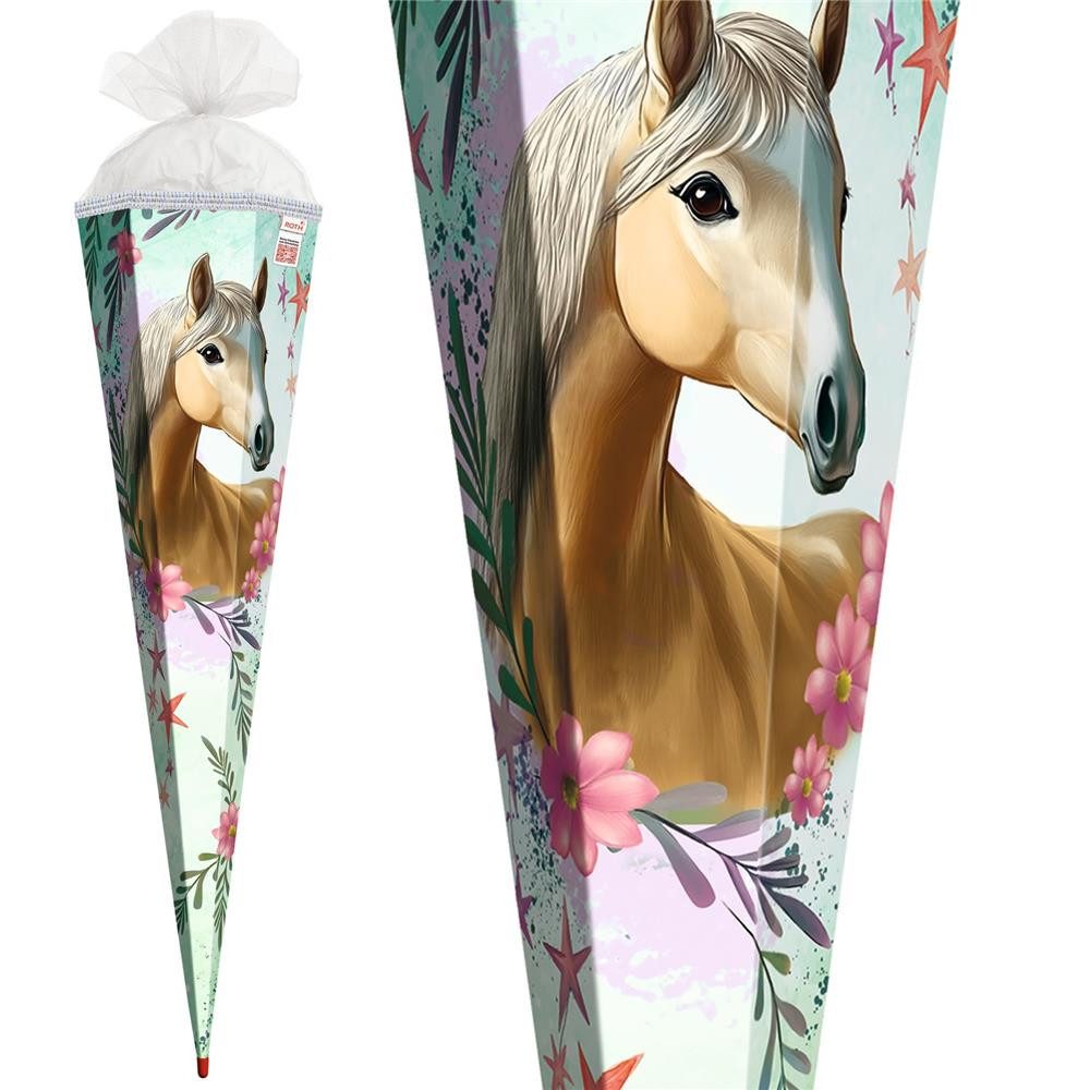Roth Schultüte Pferd Bella, 85 cm mit Glitzerborte, eckig, 6-eckig, Tüllverschluss, Roth-Spitze