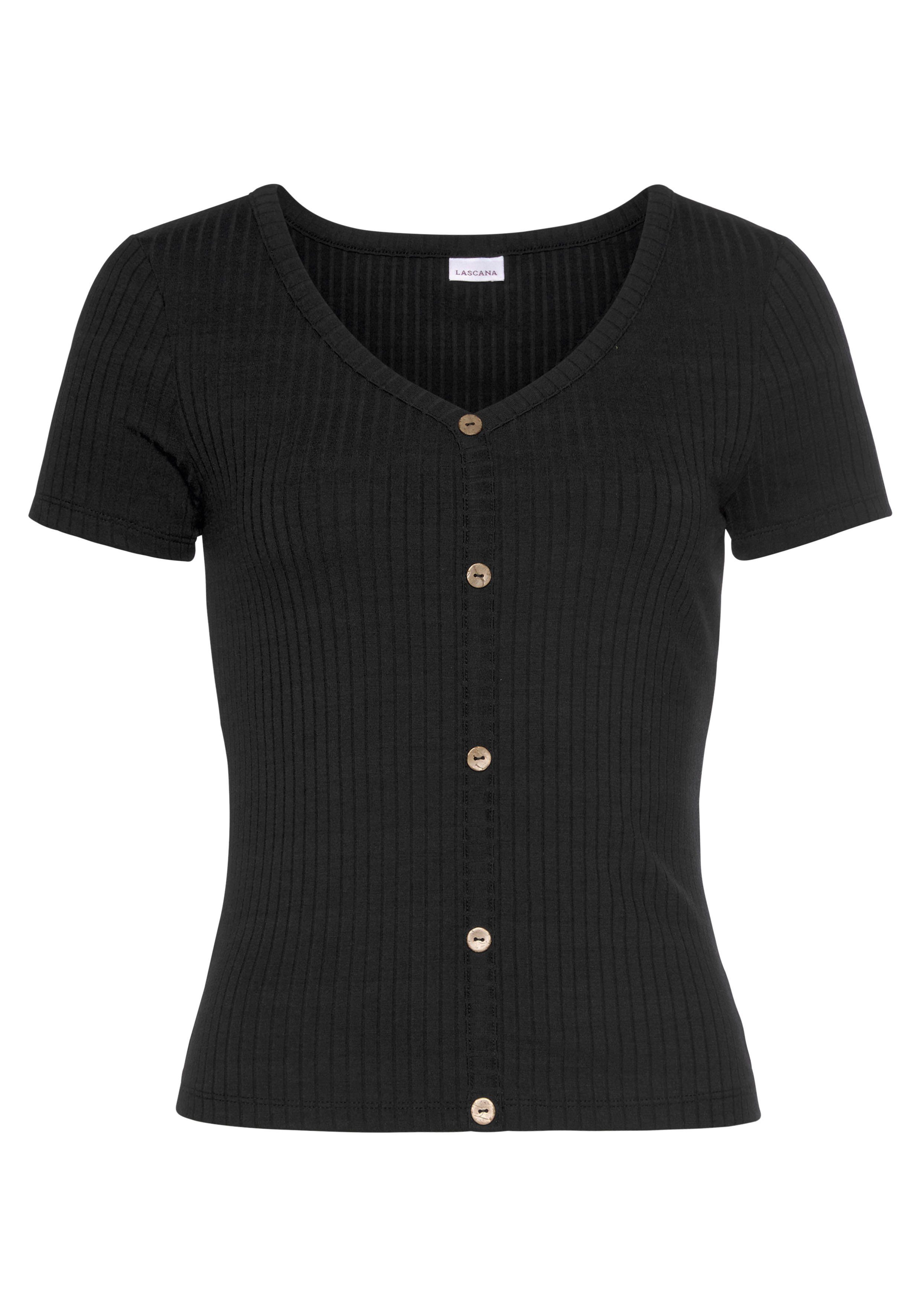 LASCANA Kurzarmshirt aus Rippware mit Zierknopfleiste, günstig online kaufen