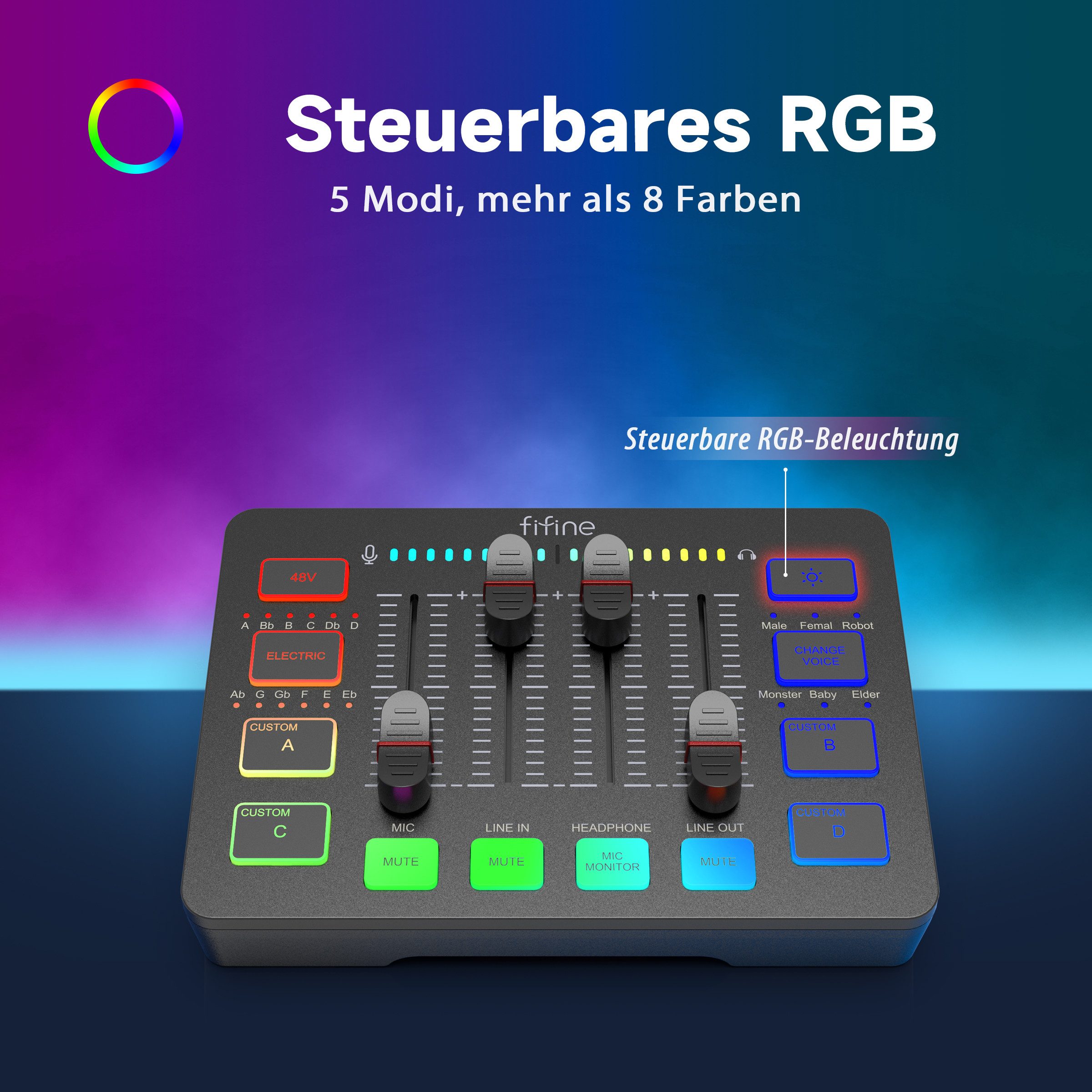 FIFINE Mischpult Mischpult Gaming Audio Mixer, Streaming PC Mixer für Podcast, Gesang, individuelle Steuerung, Stummschaltungstaste, 48V Phantomspeisung – Bild 3 von 5