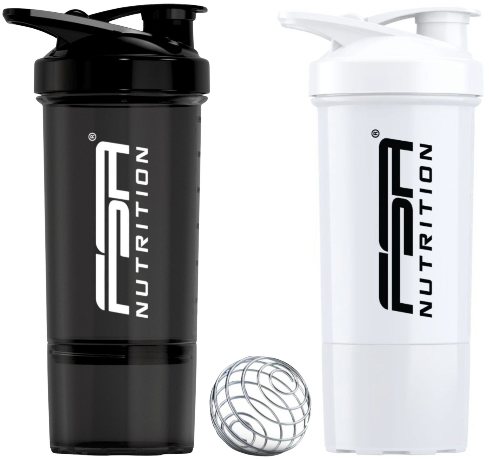 FSA NUTRITION Protein Shaker mit Pulverfach 2er Bundle Schwarz + Weiß - Spülmaschinenfest, (2-tlg), Shaker mit Pulverfach, Skala und Mischsieb - für Krafttraining