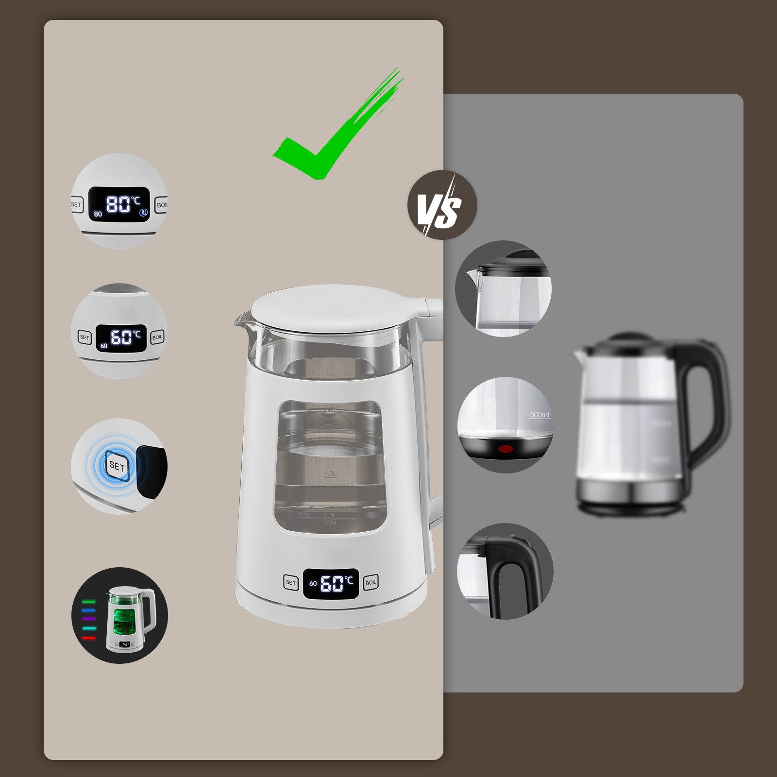 FOHERE Wasserkocher aus Glas mit Temperatureinstellung und 5 LED, 1.7 l, 2200 W, aus hochwertigem Edelstahl, Borosilikatglas & BPA-freiem Kunststoff