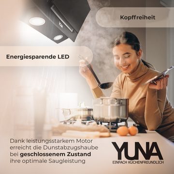 YUNA Kopffreihaube YUNA Dunstabzugshaube Schräghaube Siva 1360Y, 60cm Einbaubreite, 60 cm breit, LED-Beleuchtung, Ab- & Umluft, ausziehbarer Teleskopkamin