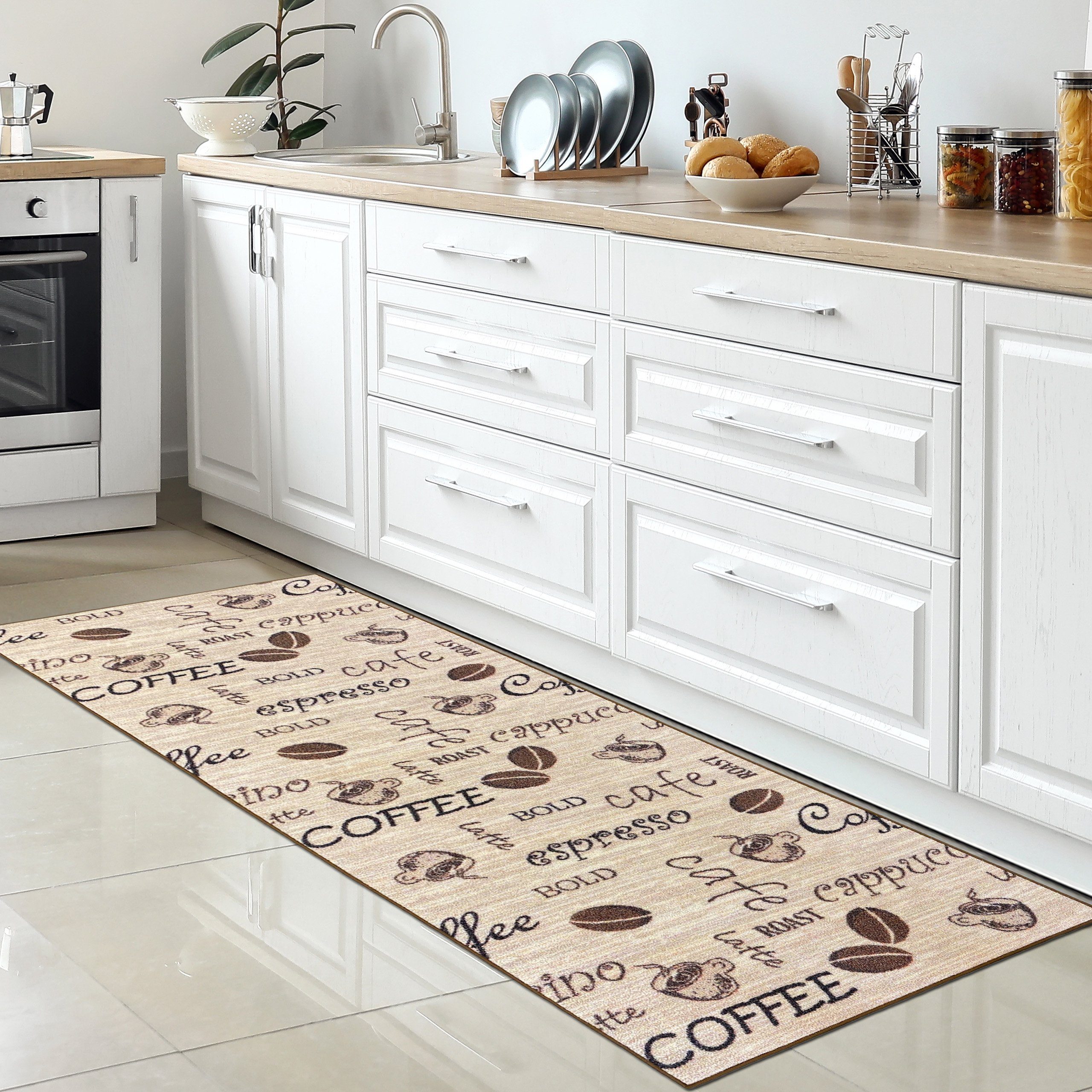 Teppich Kaffee Küchenläufer beige mit Gelrücken und Schriftzug in braun, Carpetia, rechteckig, Höhe: 5 mm