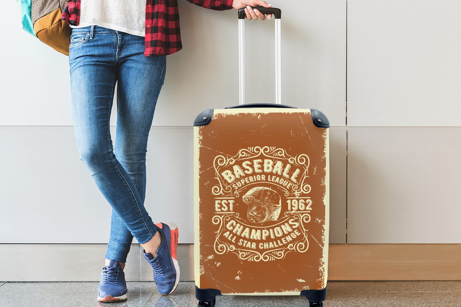 Rollen, Handgepäckkoffer Baseball für - Braun, rollen, mit 4 Jahrgang Trolley, Ferien, Reisetasche Reisekoffer - Handgepäck MuchoWow