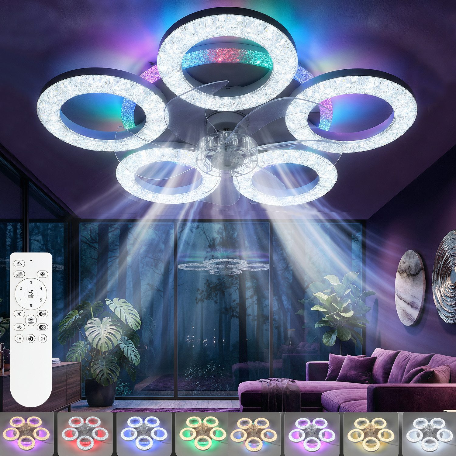 oyajia Deckenventilator Kristall Deckenleuchte mit RGB Hintergrundlicht,Leise Deckenventilator, 6 Geschwindigkeiten Ventilator, Deckenlampe mit RGB Farbwechsel Lampe