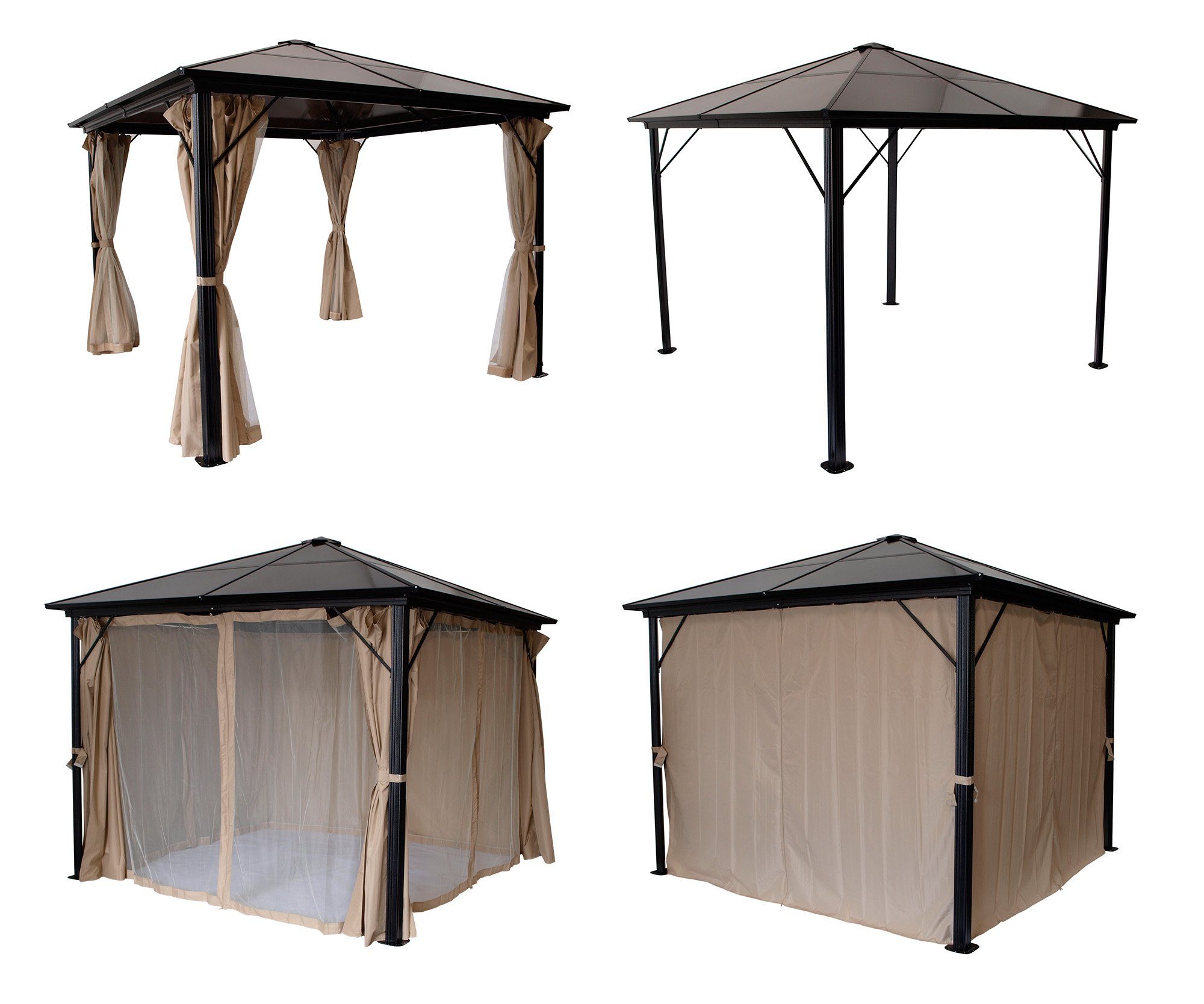 DEGAMO Pavillon MONTREAL, mit 4 Seitenteilen, (inkl. Seitenteile und inkl. Moskitonetzen), 300x300cm, Alu schwarz, Dach Polycarbonat