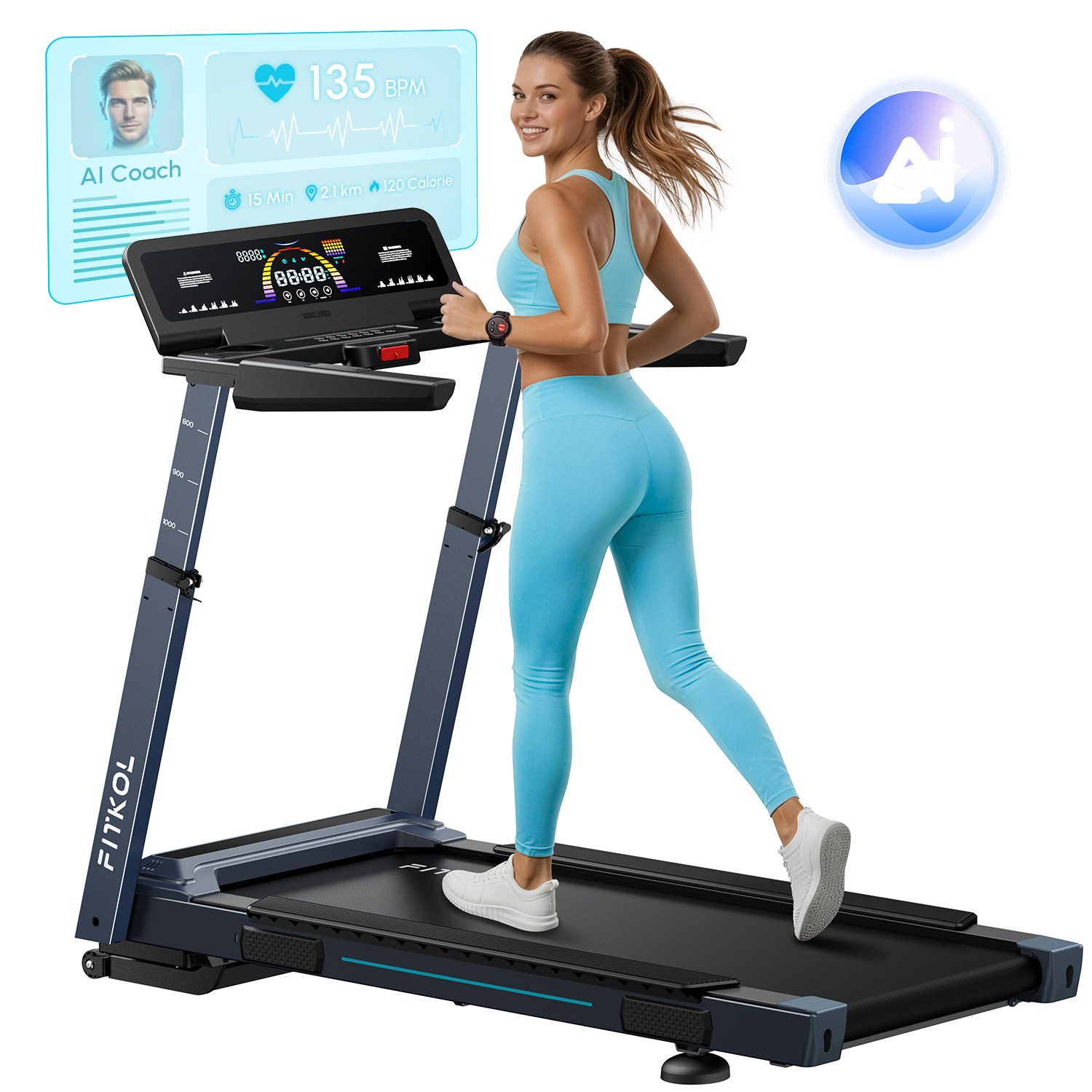 VONKO Laufband KI adaptiv vernetzt, automatische Geschwindigkeit & Steigung, Max. 16,5 km/h, intelligente Herzfrequenzkontrolle, Bosch 5,0-PS-Motor