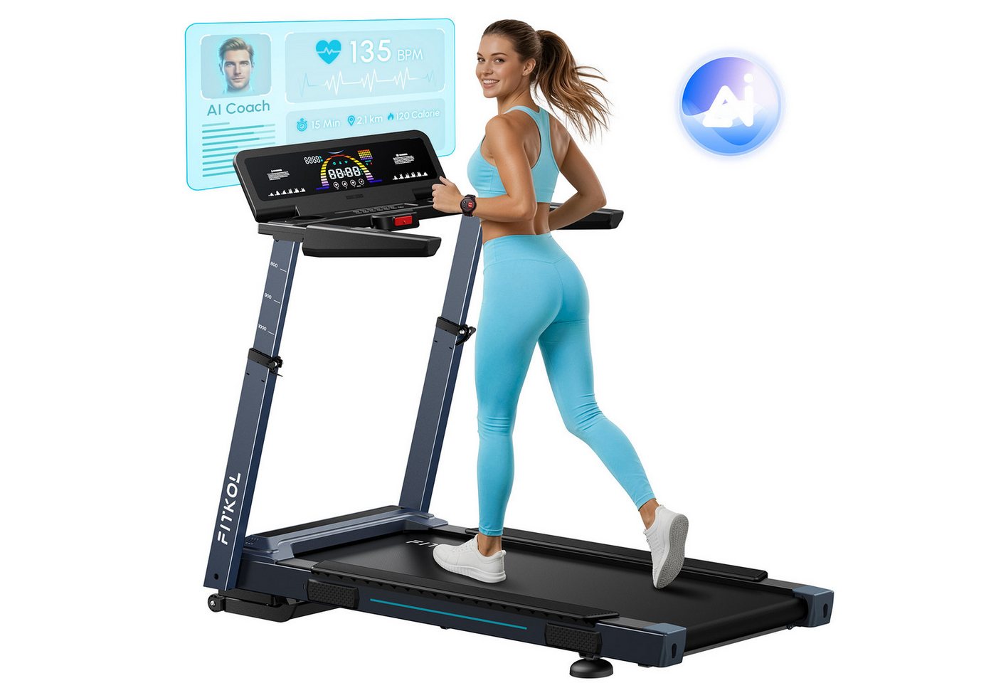 VONKO Laufband KI adaptiv vernetzt, automatische Geschwindigkeit & Steigung, Max. 16,5 km/h, intelligente Herzfrequenzkontrolle, Bosch 5,0-PS-Motor