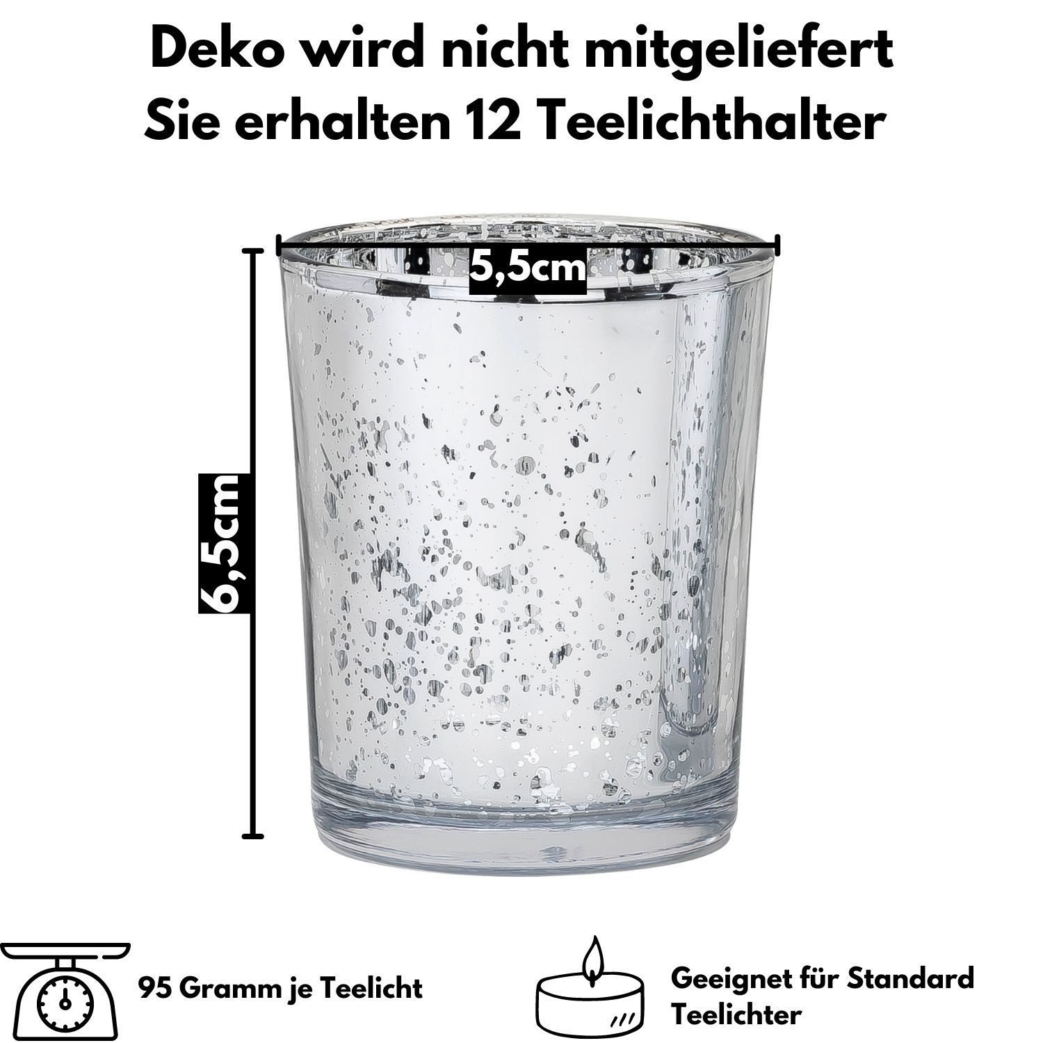 Kamelio Teelichthalter 12er Set Teelichtgläser silber Windlicht Tischdeko Glas (12 St., 12)