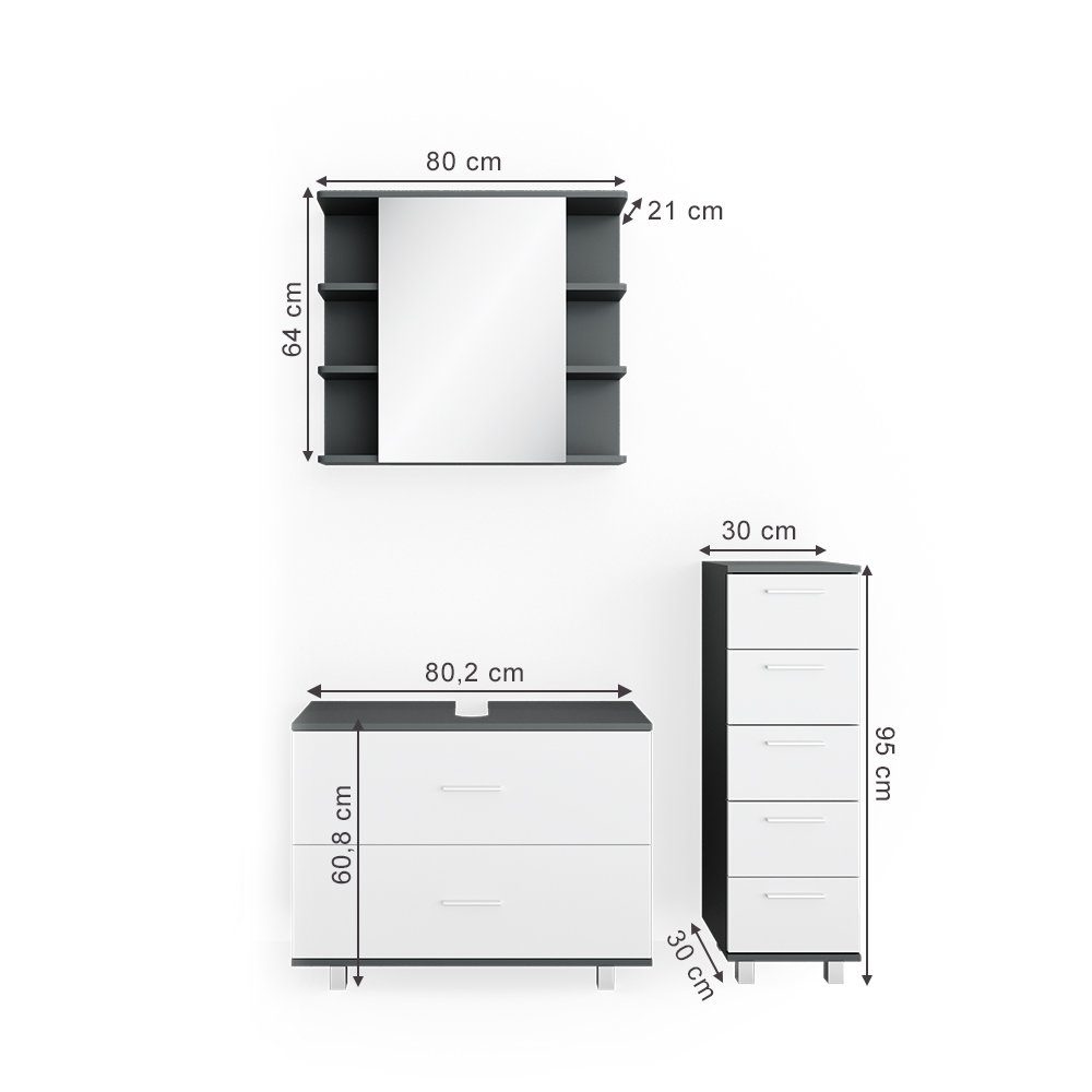 Vicco Badmöbel-Set Ilias, Anthrazit/Weiß, 3 Teile, mit Unterschrank 80 cm, (3-er Set, 3-St., 3er Set)