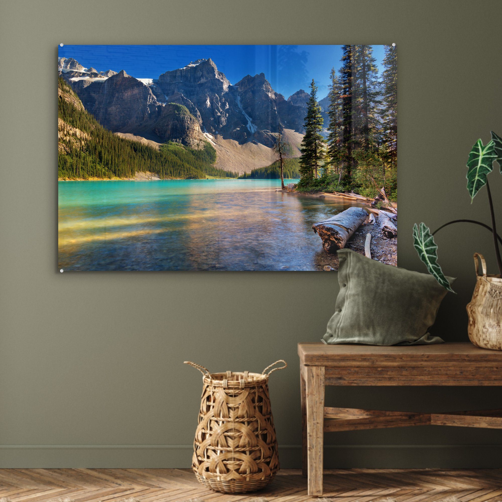MuchoWow Acrylglasbild Kiefern und Berge Wohnzimmer & Lake bei Kanada, Sonnenuntergang (1 über St), Moraine in Schlafzimmer Acrylglasbilder dem