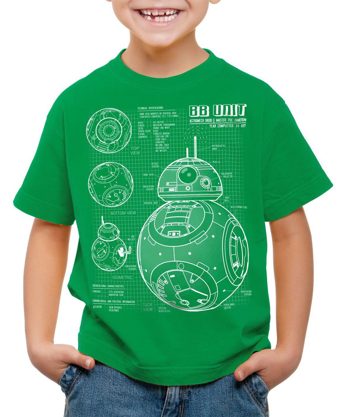 style3 Print-Shirt Kinder T-Shirt BB Unit blaupause astromech droide grün
