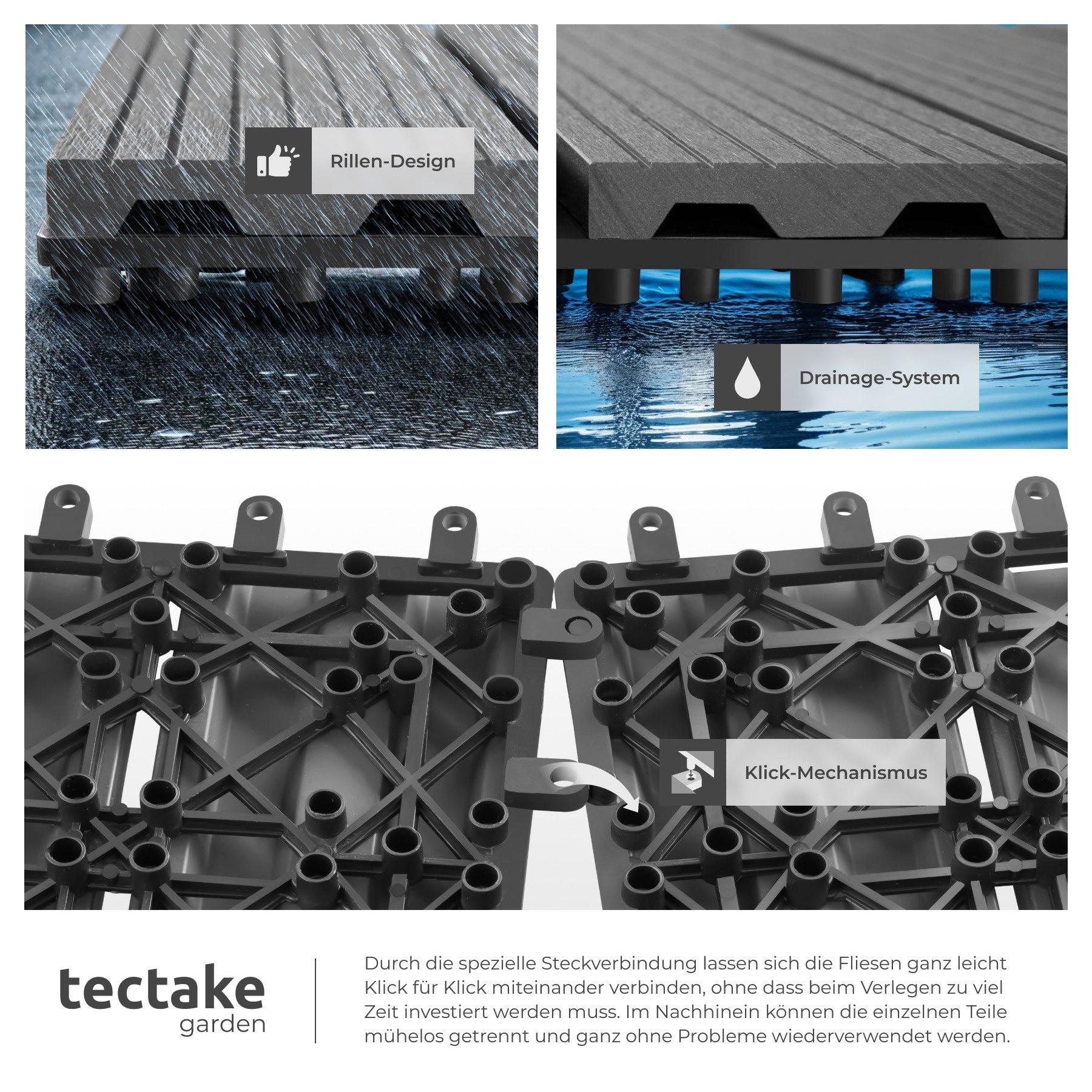 tectake Terrassendielen Terrassenfliesen 22er Set im Klicksystem, 31 x 31 x 2,2 cm, 2,1142 m², BxL: je 31,00x31,00 cm, (Terrassenplatten Außenbereich Tegulas, 2 – Bild 5 von 5